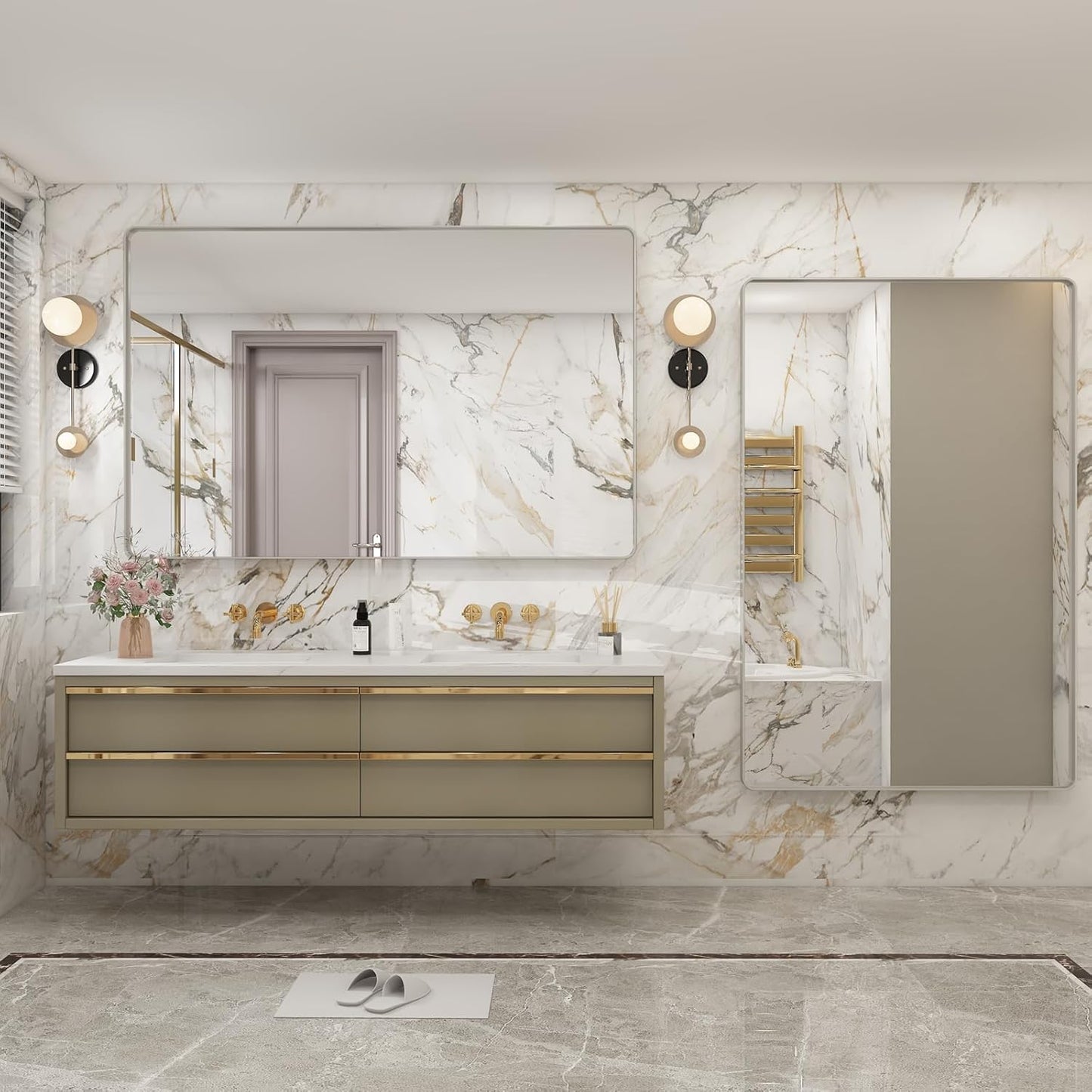 60x36 Silver Bathroom Mirrors for Vanity, Brushed Metal Silver Framed Bathroom Mirror for Wall, Modern Rectangle Mirror, Rounded Corners, Shatterproof (Horizontal/Vertical)