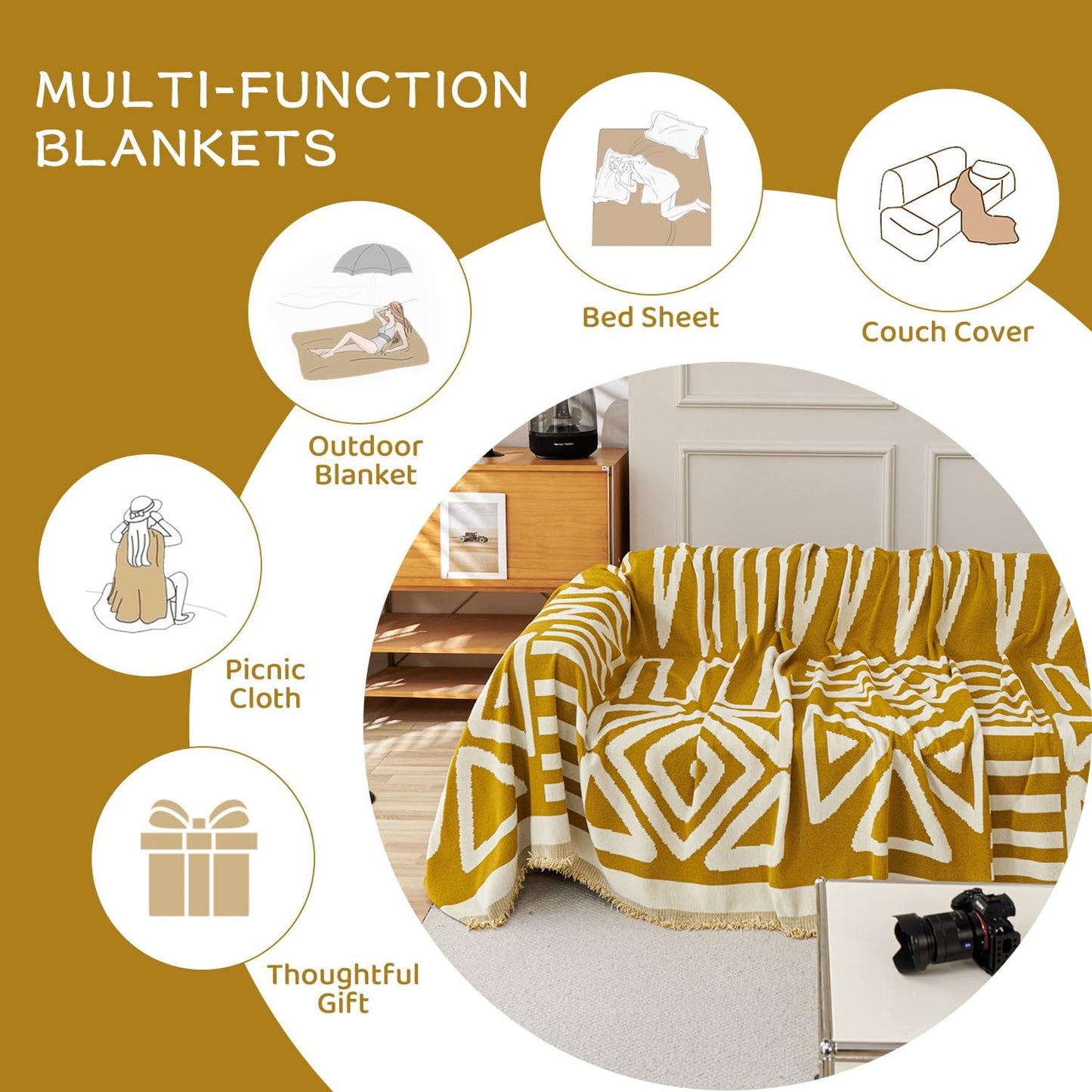 STACYPIK Mustard Yellow Boho Sofa Cover Couch Cover Reversible Jacquard Furniture Protector for 3 Cushion Couch L Shaped Sofa Slipcover Non-Silp Sofa Cushion Covers for Sectional with Tassels-91X150IN