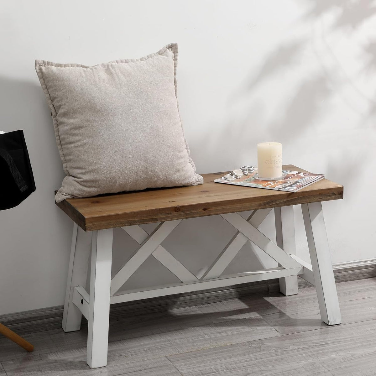 Wnutrees 30" Farmhouse Wood Bench, Rustic Solid Wood Entryway Bench Seat with Double X-Structure for Dining Room, Living Room, Hallway, Structural Stability, White