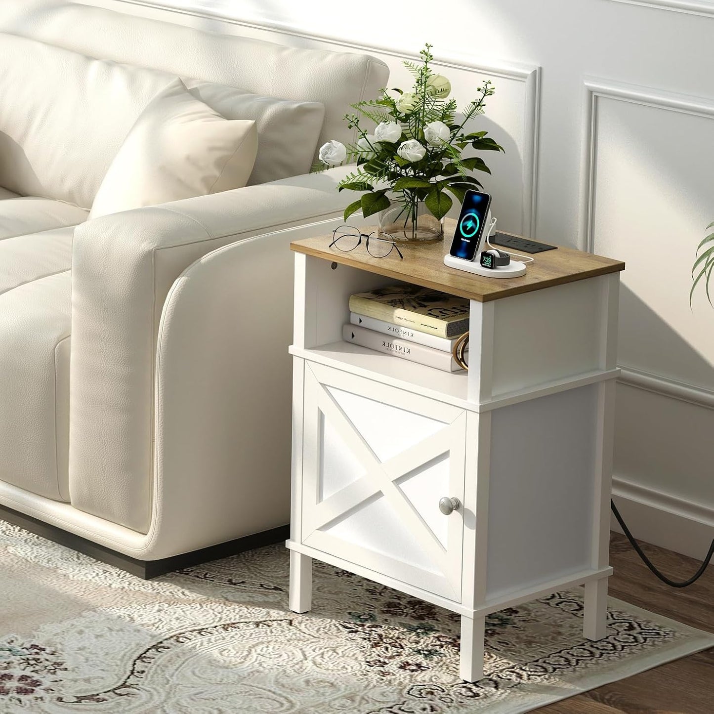 Farmhouse Nightstand with Charging Station, White Bedside Table with USB&Type-C Ports and Outlets, End Table with Storage, Night Stand for Bedroom, White and Rustic Brown WGBZ0601WFE
