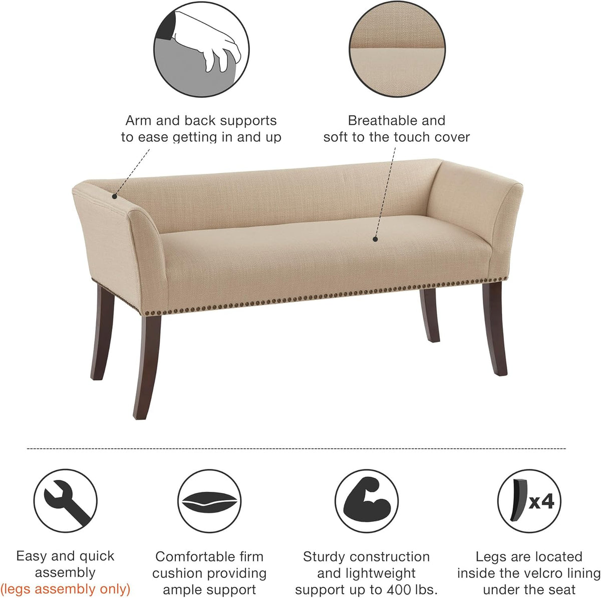 Madison Park Accent Bench, Upholstered with Nailhead Trim, & Padded Seat Entryway Bench Small, End of Bed Bench with Back, 49.5" W x 19.25" D x 23" H, Tan