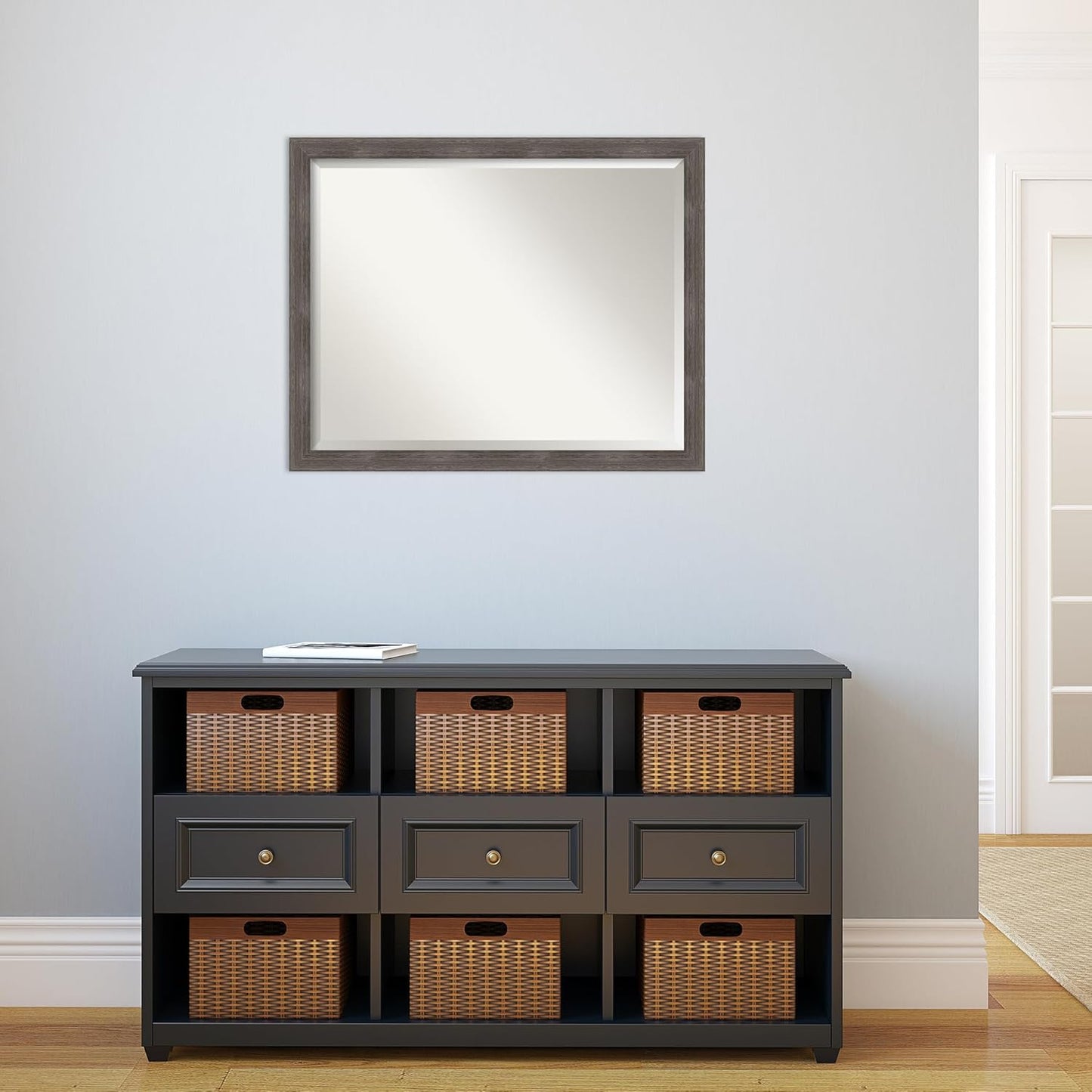 Amanti Art Grey Wall Mirror 25x31 Pinstripe Lead Grey Rectangle Bathroom Mirror for Wall Decor Living Room, Large Modern Wood Frame, Hangs Horizonally and Vertically, Bathroom Decor, Beveled Edge