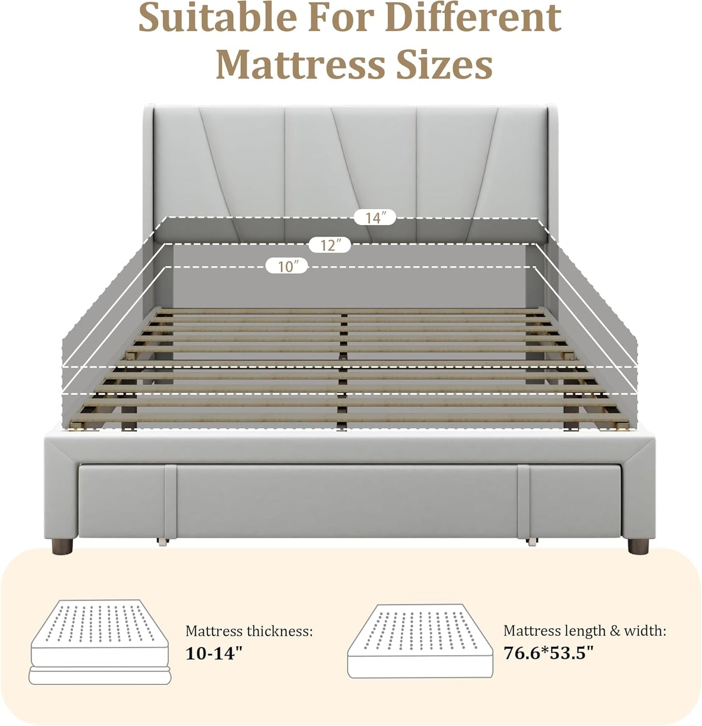 Full Bed Frame with Storage Drawers, Upholstered Platform Bed with Headboard and Wingboard, No Box Spring Needed, Noise Free, Easy Assembly, Wooden Support Slats, Light Grey