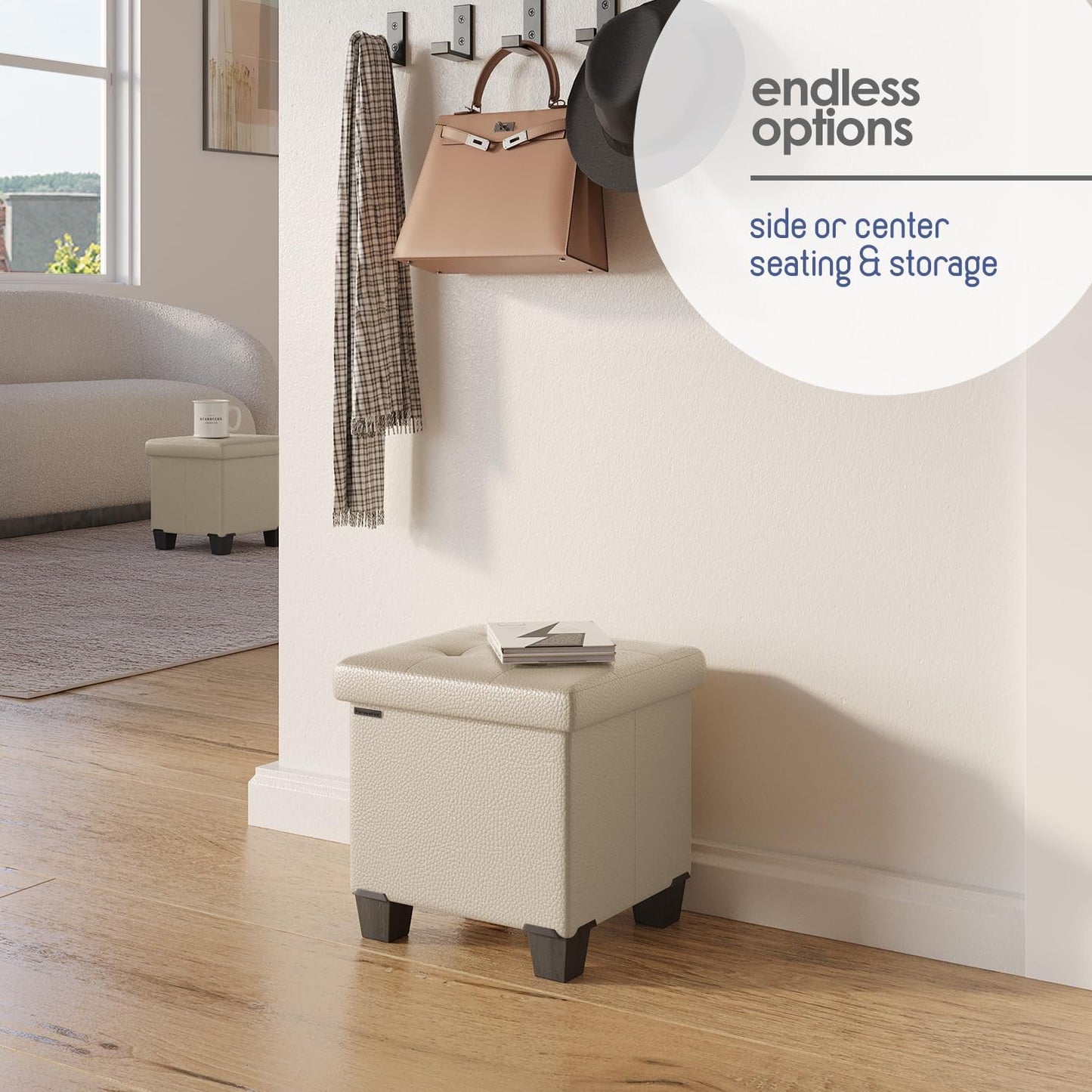 STORAGEBUD Storage Ottoman Cube with Small Bin, 16-in Square Ottoman with Storage for Living Room and Bedroom, Small Ottomans Foot Rest, Faux Leather Foot Stools Ottomans Max 330lbs, Beige