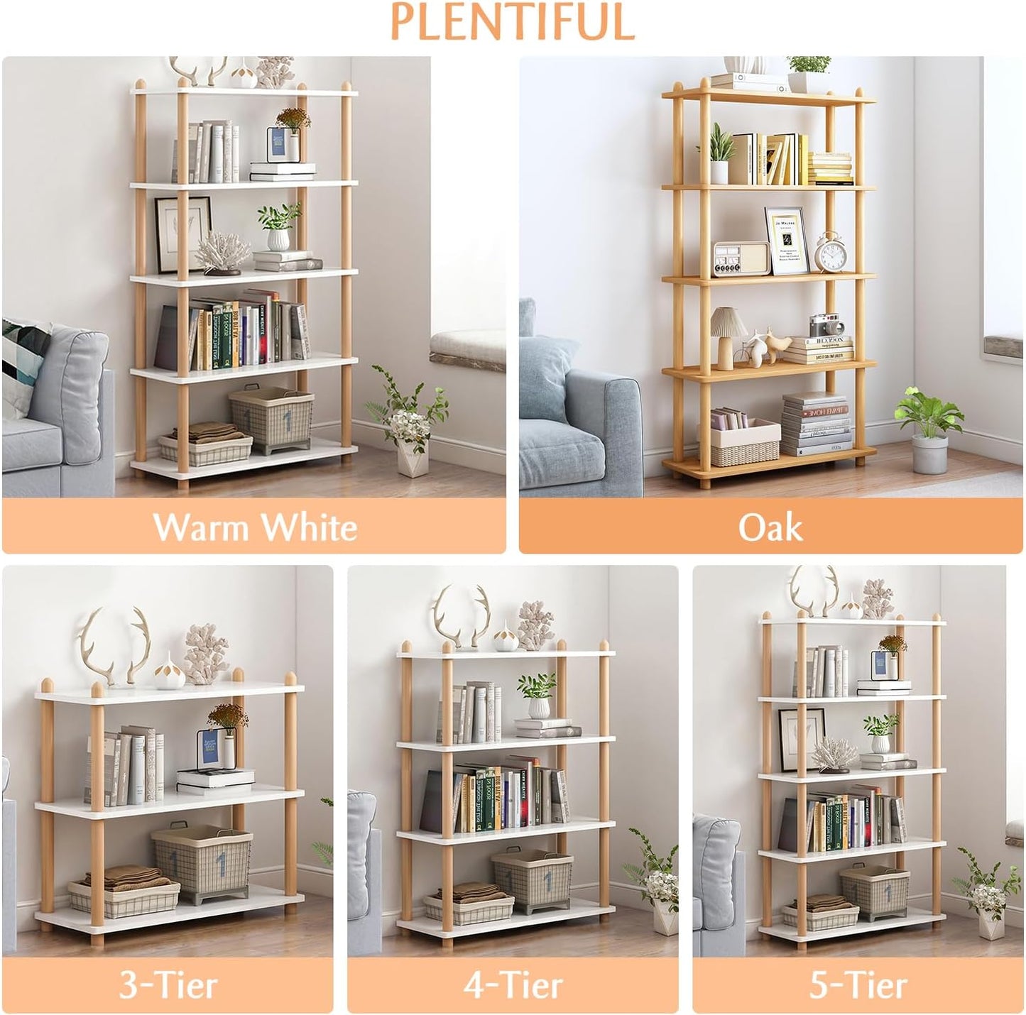 IOTXY 4-Tier Wooden Shelf Bookcase - Modern Open Bookshelf, Free Standing Storage Rack, Multifunctional Display Stand for Home and Office, Oak, Rectangle