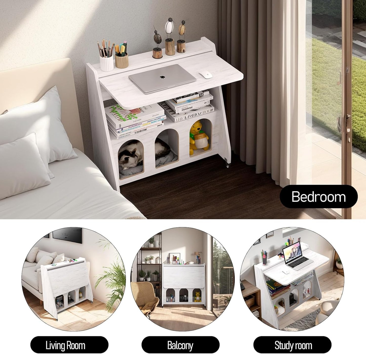 Pmnianhua Farmhouse Portable Desk on Wheels,Mobile Workstation,Rolling Computer Desk with Wheels and Storage for Home Office Small Space(White)