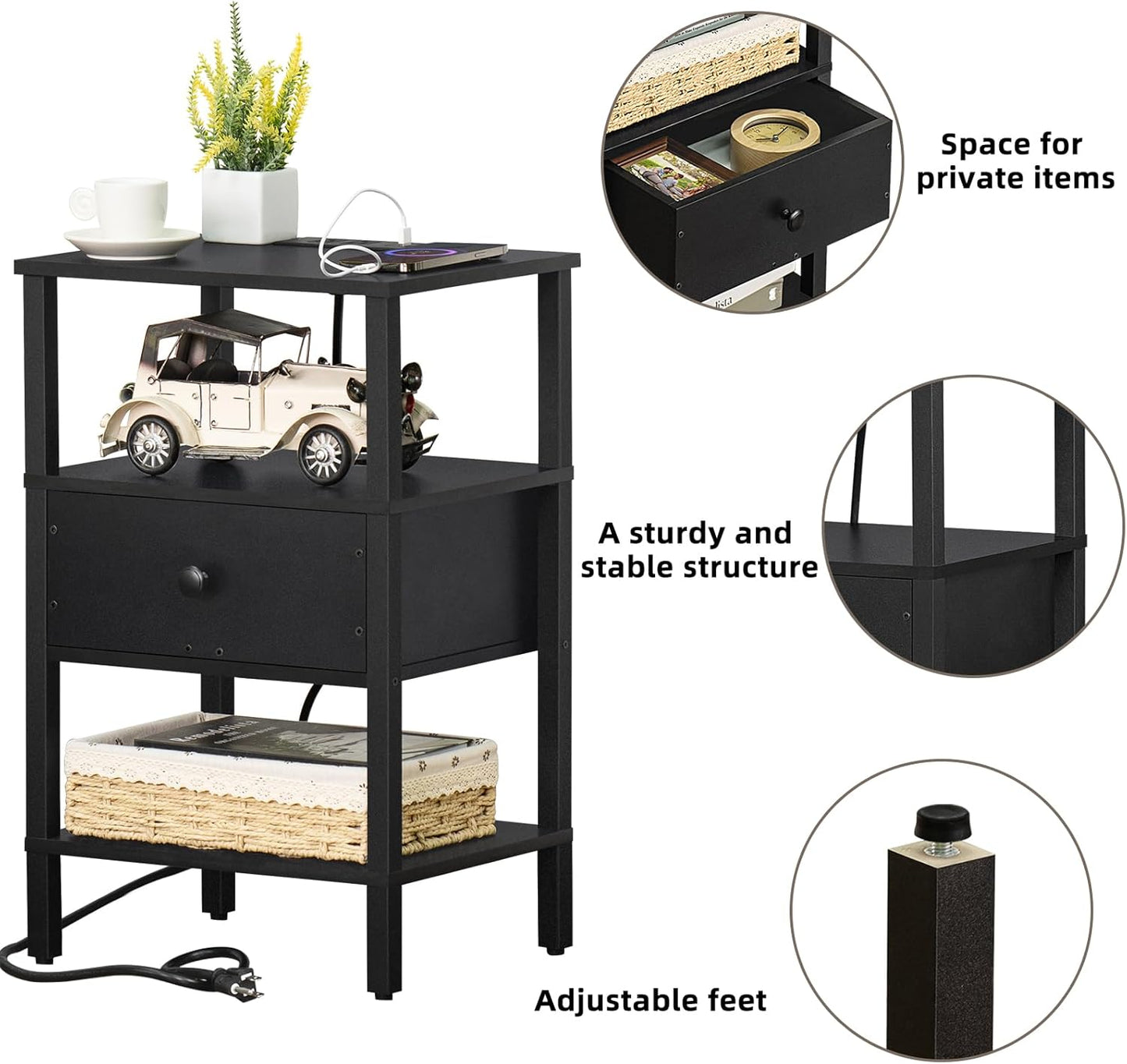 Lerliuo Nightstand with Charging Station and USB Ports, 3-Tier Storage End Table with Drawer Shelf, Night Stand for Small Spaces, Wood Bed Side Table for Living Room, Bedroom - Classic Black