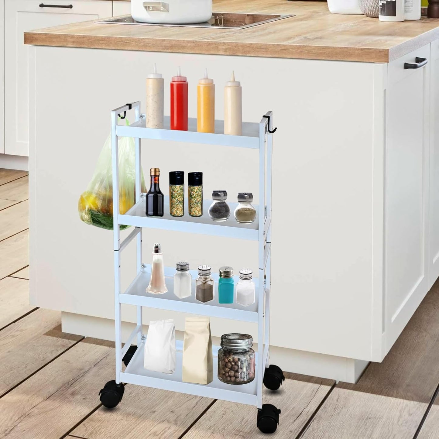 Beyeutao 4 Tier Slim Storage Cart with Wheels White Rolling Utility Cart Bathroom Storage Organizer Narrow Storage Cabinet for Kitchen, Bedroom, Laundry Room, Bathroom