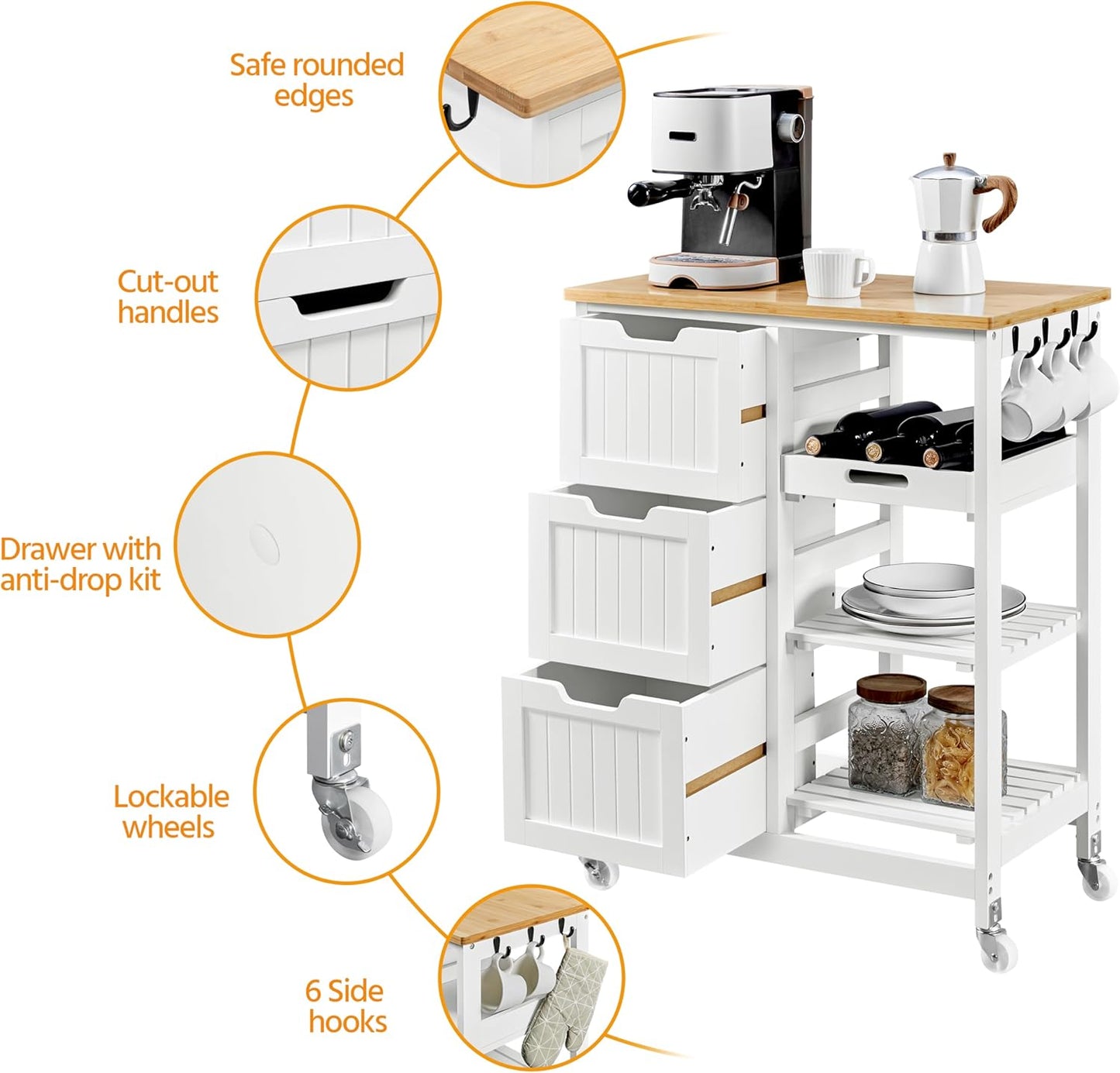 Yaheetech Kitchen Island Cart on Wheels with Bamboo Countertop, Rolling Serving Utility Trolley Cart with 3 Drawers, 3 Removable Shelves & Lockable Casters, Storage Cabinet for Dining Room, Bar, White