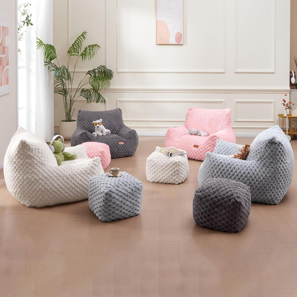 Bean Bag Chair Foot Rest, Modern Comfy Couch Sofa Ottoman for Adult, Faux Fur Foot Stool with Filler, Soft Cozy Footrest for Bedroom, Living Room