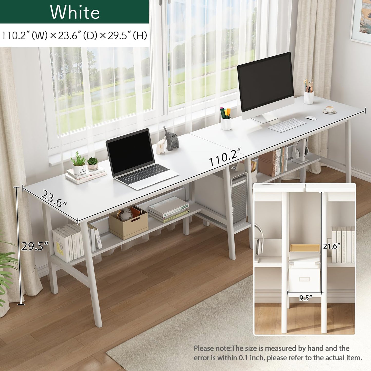 2-Person Writing Desk with Bookshelf - 110" Wooden Extra Long Home Office Work Table, Double Study Computer Workstation with Storage Shelves in White, 110" W x 24" D