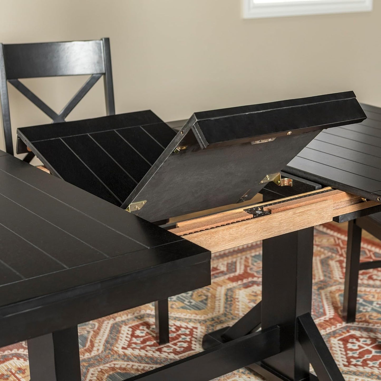 Walker Edison 6 to 8 Person Wood Modern Farmhouse Expandable Dining Room Table with Leaf Kitchen Dining Chairs, 60 Inch, Antique Black