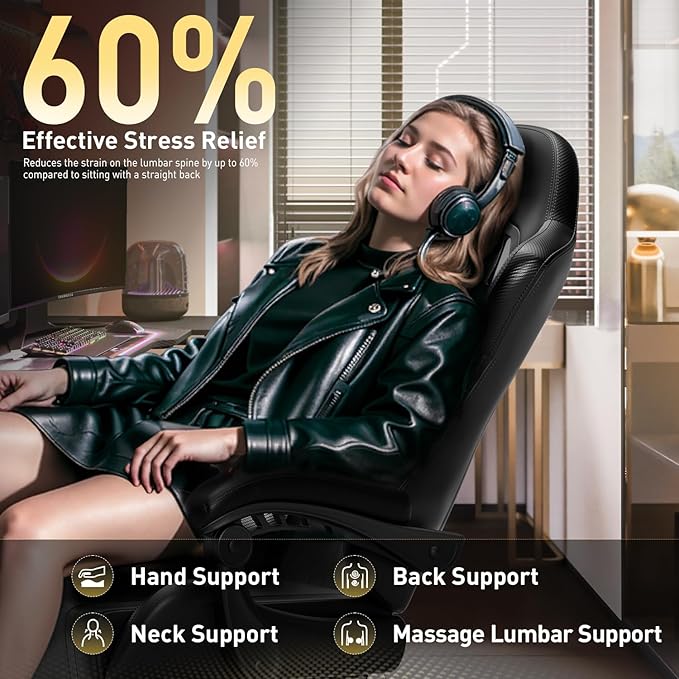 HLDIRECT Gaming Chair, Ergonomic Video Game Seat with 360° Swivel & Lumbar Massage, Computer Chair PU Leather Cushion for Adults Home/Office Use (Black)