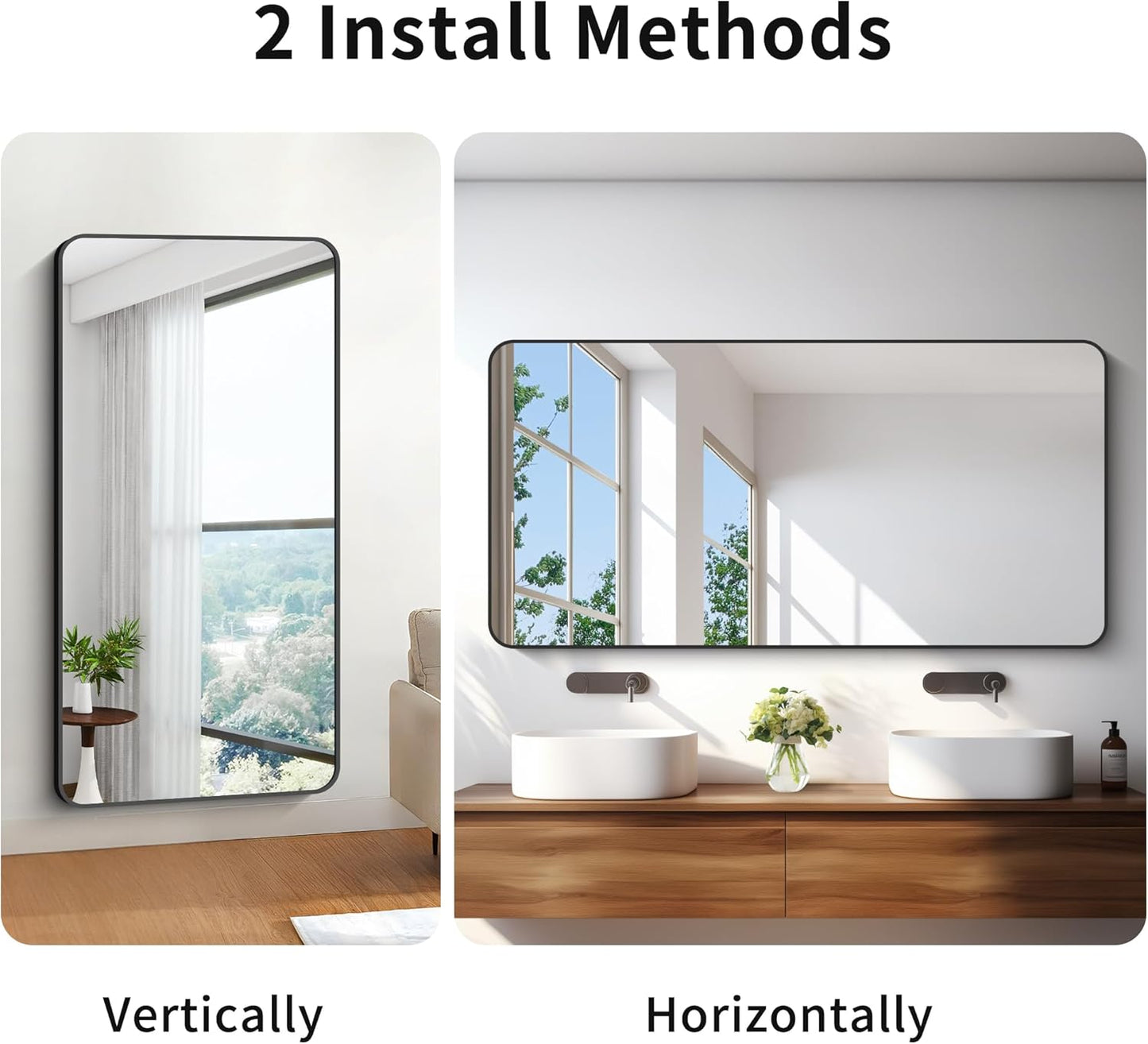 BONEWEI 30x60 inch Bathroom Mirror,Black Rectangle Mirror,Wall Mounted Bathroom Frame Vanity Mirror with Round Corner for Bedroom Living Room, Entryway Hangs Horizontal or Vertical