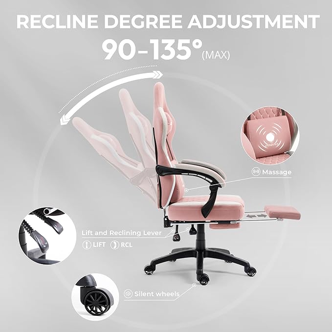 Dowinx Gaming Chair Breathable Fabric Game Chair with Gel Pad and Storage Bag, Comfortable Gamer Chair with Pocket Spring Cushion, Ergonomic Computer Chair with Footrest, Pink
