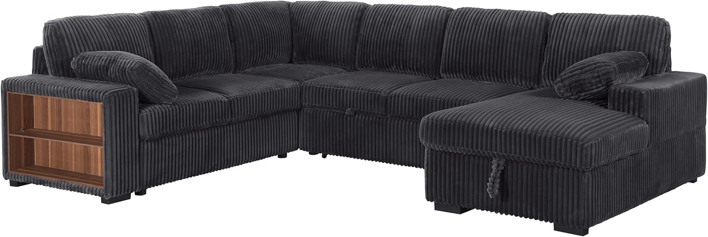 Eafurn Oversized U Shaped Convertible Sleeper Sectional Sofa w/Pull Out Couch Bed, 6 Seater Corduroy Upholstered Corner Lounge Sofa Couch Sleeper Sofabed w/Storage Chaise,Shelves