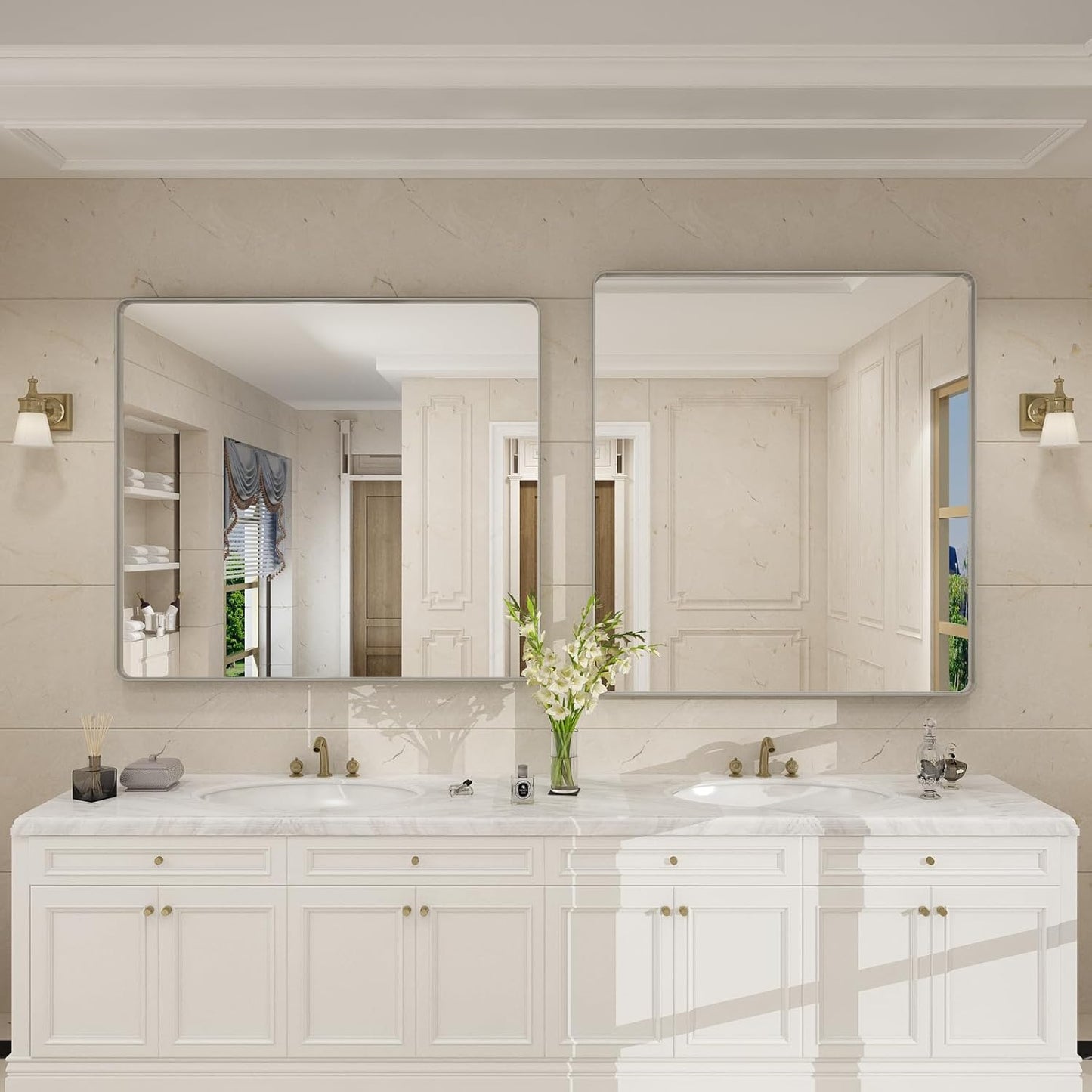 40x36 Inch Brushed Nickel Bathroom Mirror for Wall, Rounded Rectangle Silver Framed Bathroom Vanity Mirror, Anti-Rust, Shatterproof, Hangs Horizontally or Vertically