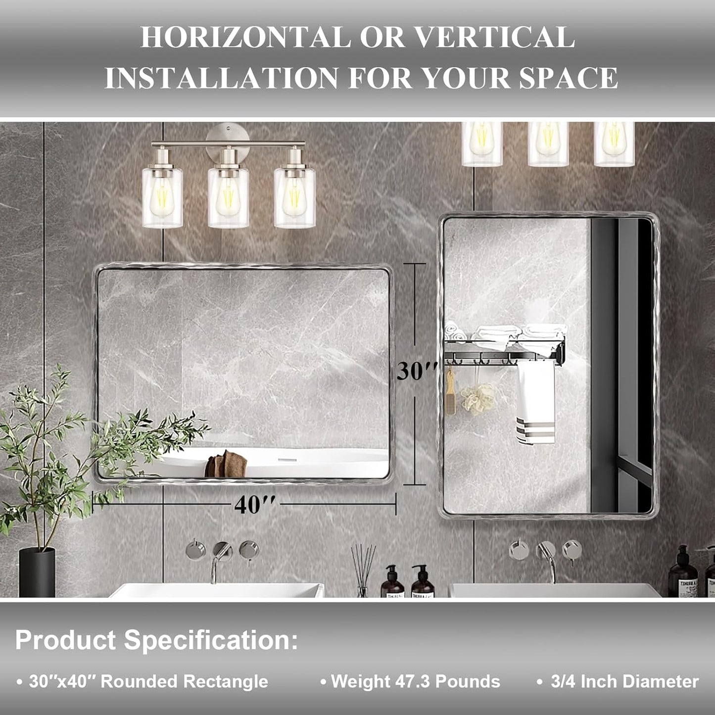 ANDY STAR Hand-Forged Silver Bathroom Mirrors for Wall, 30x40 Inch Vintage Solid Steel Metal Frame Bathroom Vanity Mirror, Antique Rounded Rectangle Wall Mirror, Hangs Horizontally or Vertically