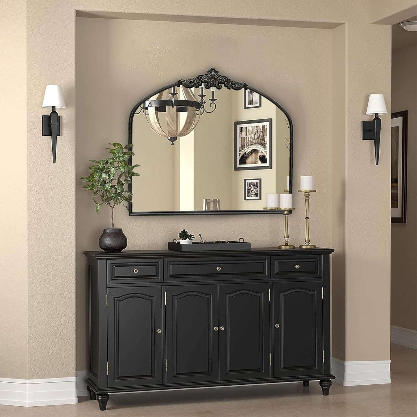 WAMIRRO Arched Mirror,Black Traditional Vintage Ornate Baroque Mirrors,Antique Brass Mirrors for Entryway/Fireplace/Living Room/Hallway/Bathroom.30“X36“ Balck