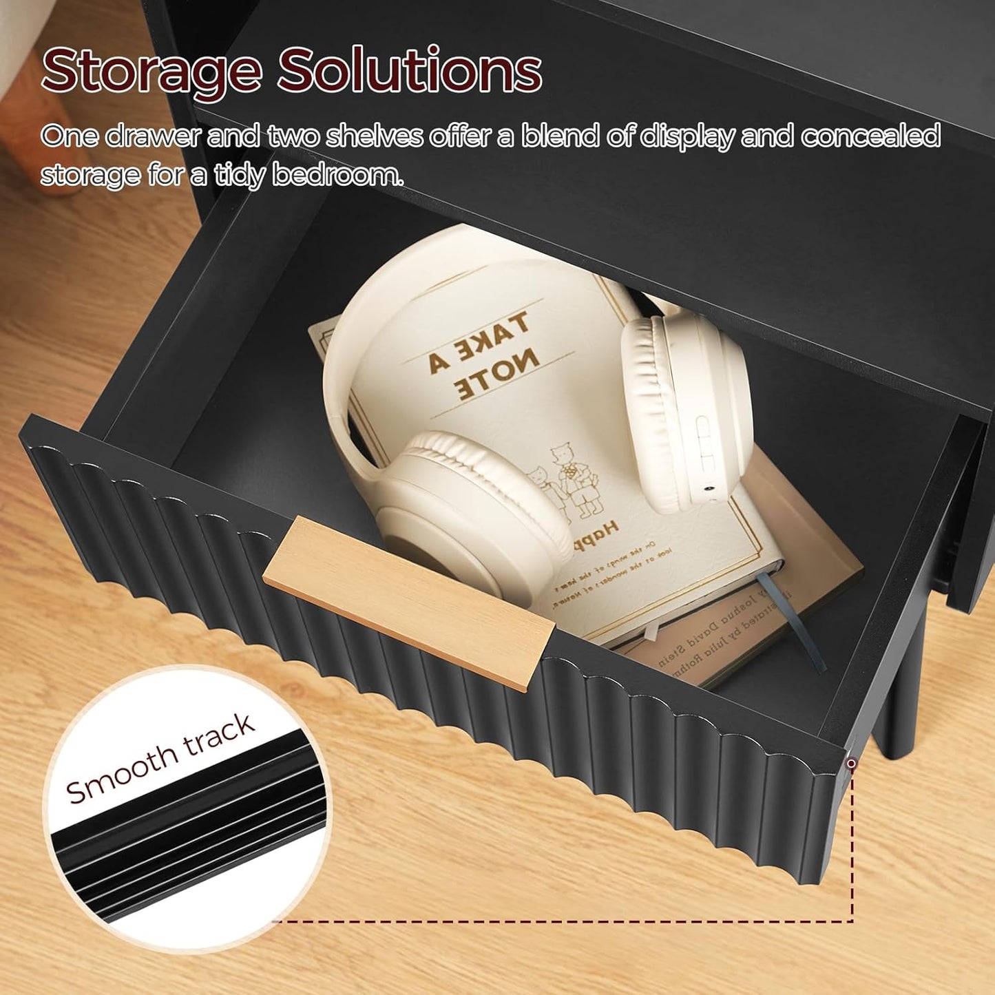 Fluted Nightstand, End Table, Small Modern Bedside Table with Charging Station, Side Table with Drawer, for Small Spaces, Bedroom, Living Room, Black ETBK61E01N1