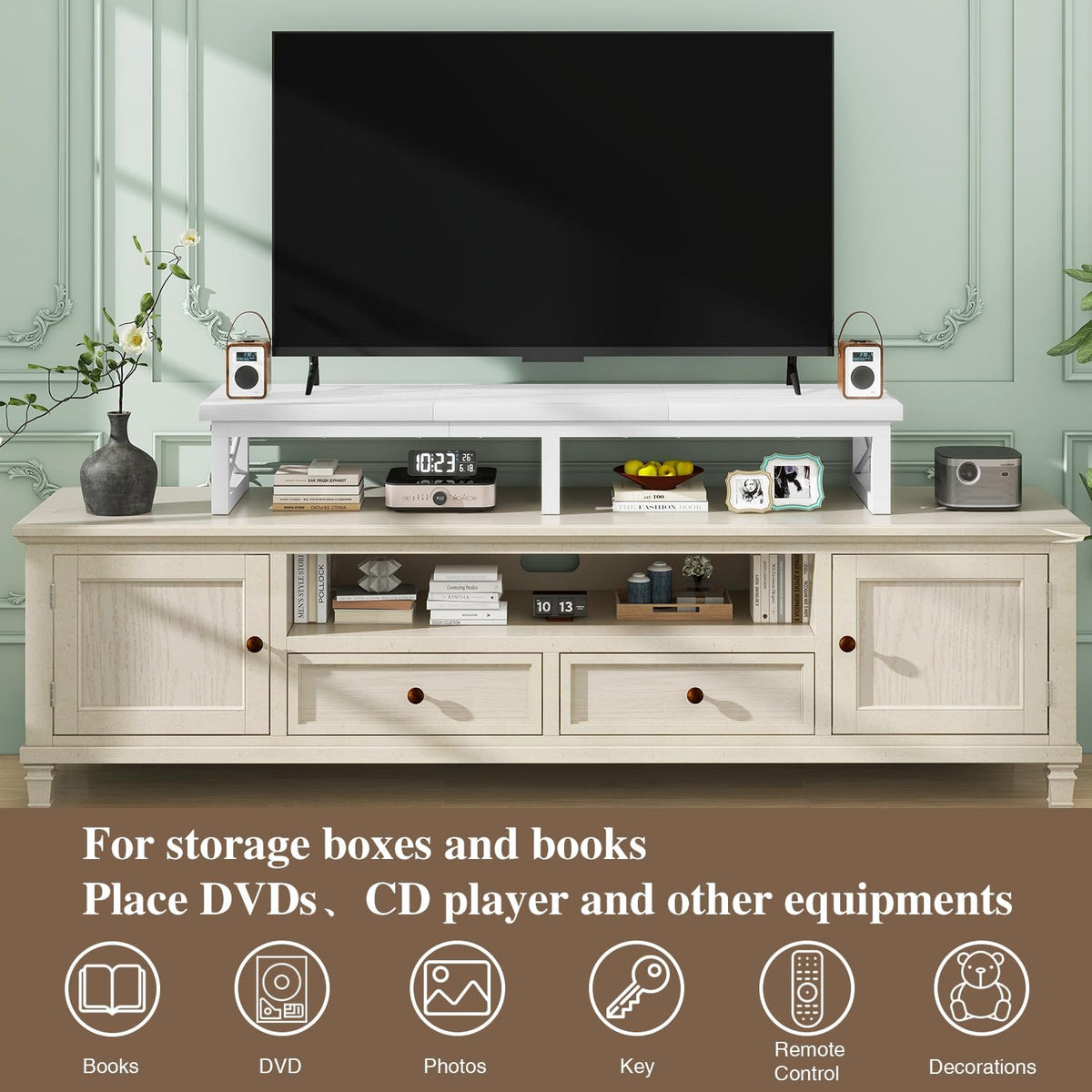 IBUYKE 45" Large TV Riser for 32-60 inch TV,Tabletop Short TV Stand with Storage and Steel Legs,TV Riser Stand for Home,Bedroom,Living Room,White TVT002W