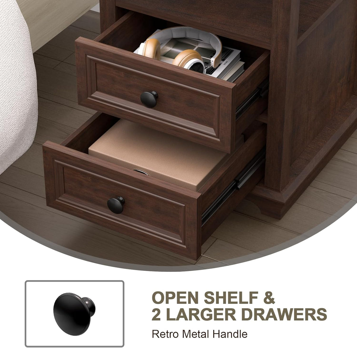 24" Tall End Table with Charging Station, Double 18W Fast Charge End Table, Large 18” Bedside Table with Drawers,Rustic Wood Storage Cabinet with Open Shelf for Bedroom,Cherry