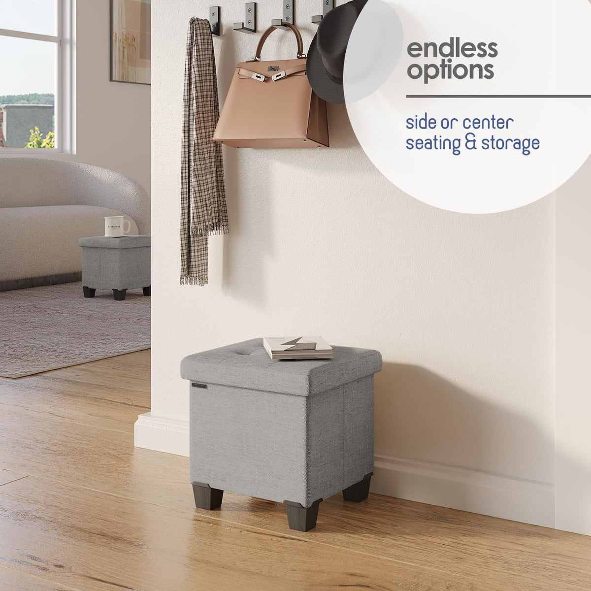 STORAGEBUD Storage Ottoman Cube with Small Bin, 16-in Square Ottoman with Storage for Living Room and Bedroom, Small Ottomans Foot Rest, Fabric Foot Stools Ottomans Max 330lbs, Light Grey