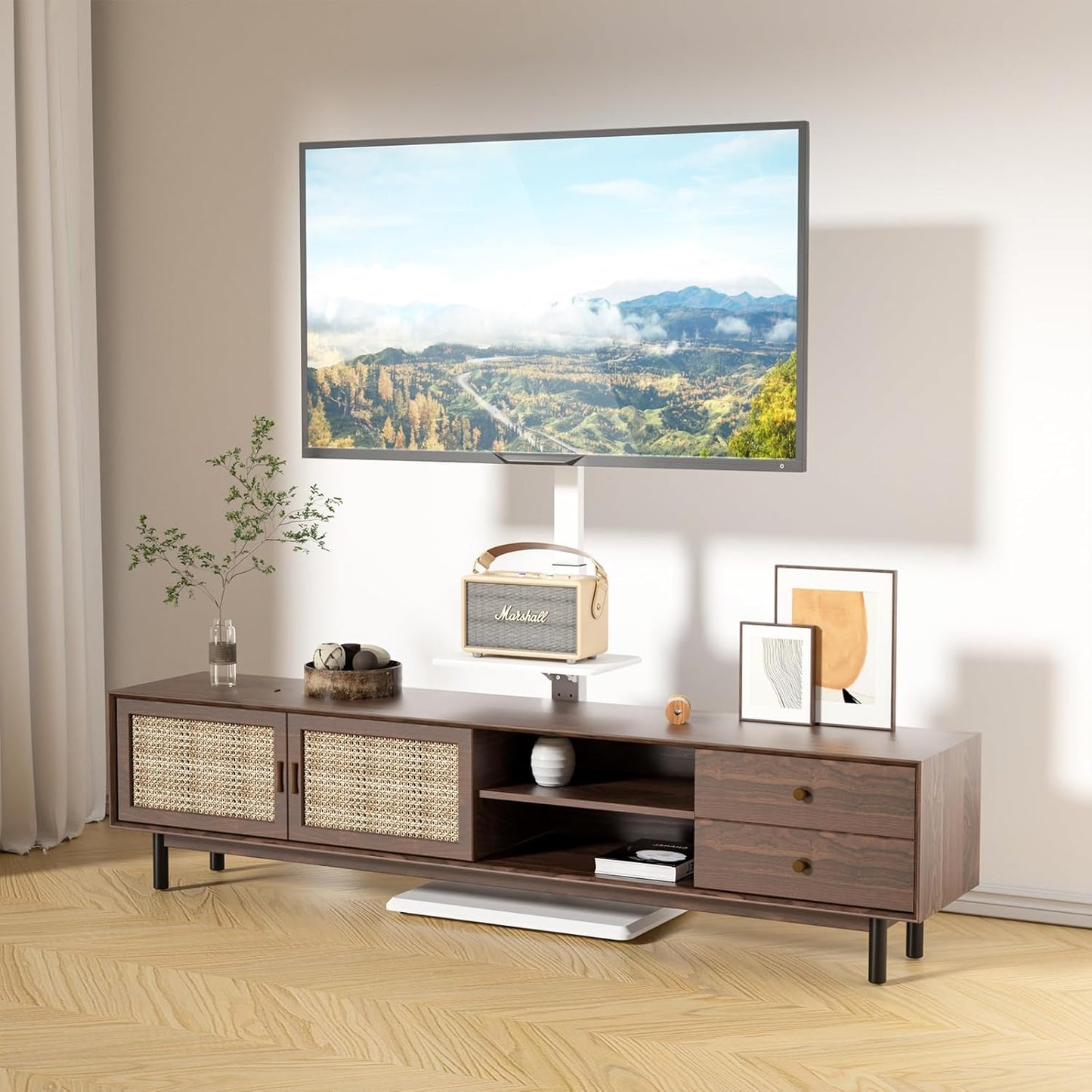 WALI Floor TV Stand with Power Outlet & AV Shelf, Tall TV Stand Mount for 32-75 inch TV up to 110 lbs, Swivel and Height Adjustable TV Stands with Wood Base for Bedroom, Office(TVDVD-6PW), White