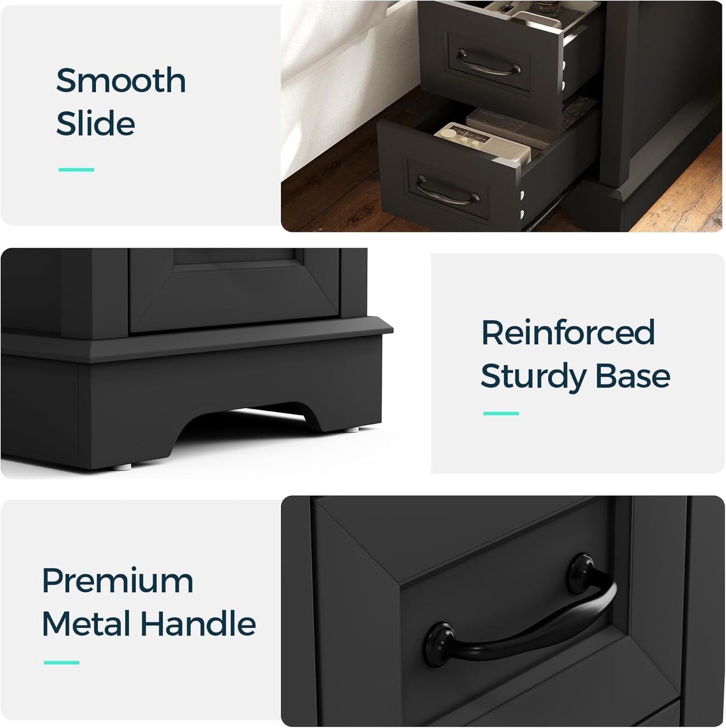 LINSY HOME End Table with Charging Station, Narrow Sofa Couch Side Table with Storage Drawers, Wooden Bedside Table for Living Room, Slim Nightstand for Small Space, Glass Top, Black