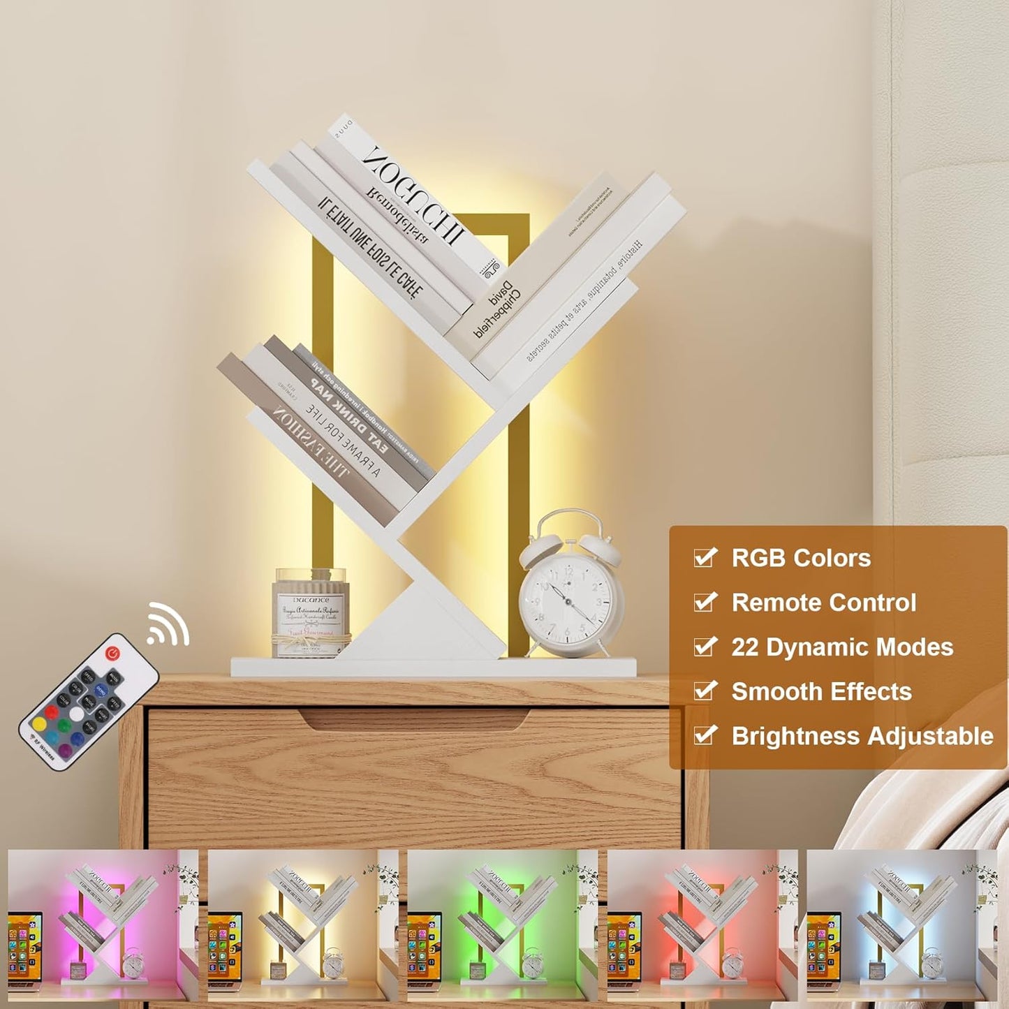 Tree Bookshelf with LED Lights, 3 Tier Floor Standing Bookcase, Classical Corner Shelf Kids Bookshelf, Tall Wood Book Storage for Bedroom, Living Room, Home Office, White
