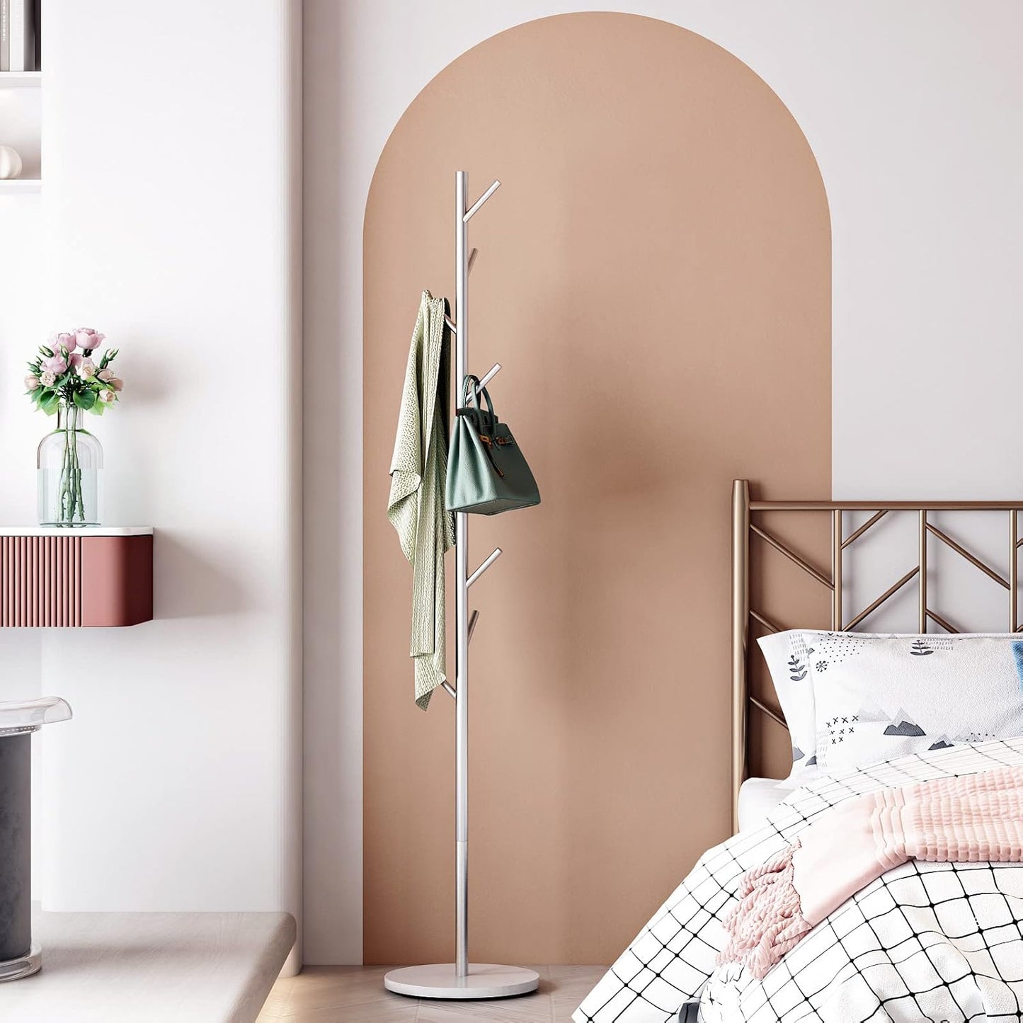 Silver Coat Racks, Metal Coat Rack Freestanding with Hooks, Entryway Coat Rack Stand, Coat Racks with Marble Base, Coat Tree for Hanging Clothes, Hats, Bags