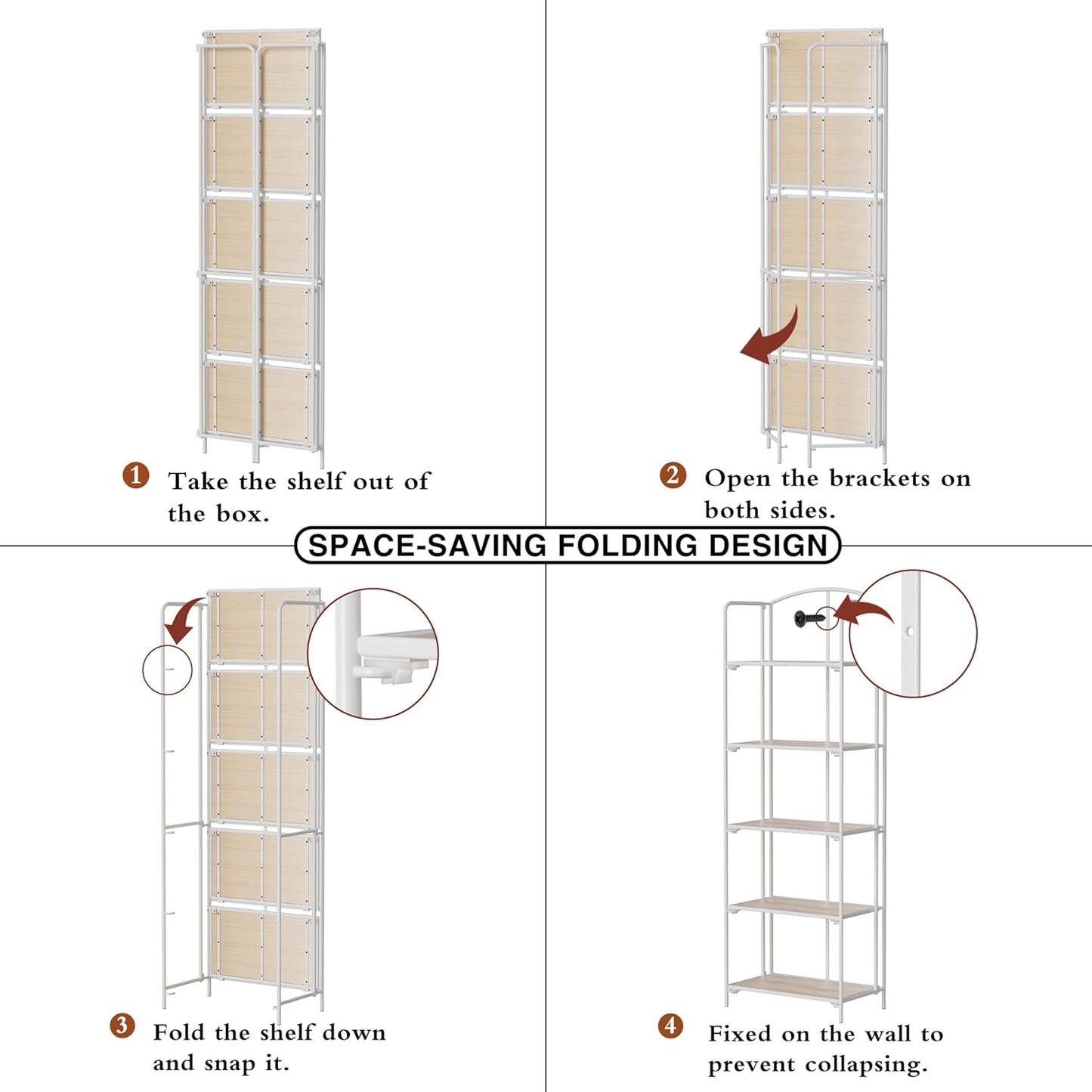 Crofy No Assembly Folding Bookshelf for Living Room, 5 Tier White Collapsible Book Shelf for Home Office, Portable Bookcase Storage Organizer