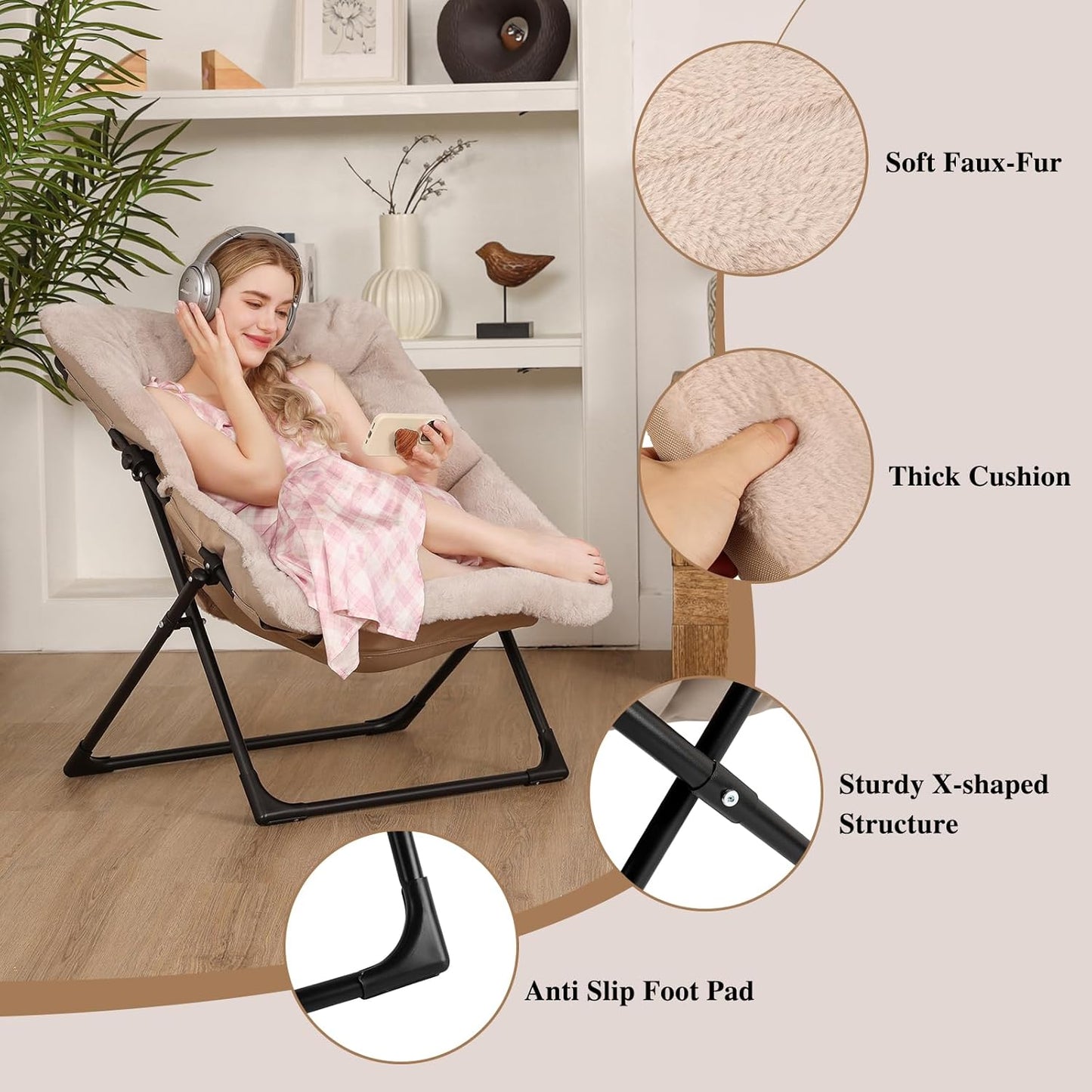 Comfy Saucer Chair for Adults, Soft Faux Fur Bedroom Chair with Ottoman, Accent Dorm Chairs, Living Room Reading Chairs and Footstool, Folding Lounge Seat for Teens, X-Large, Light Khaki