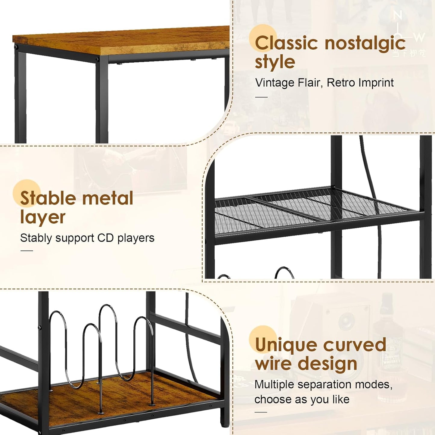Record Player Stand with Storage, 4 Tier Turntable Stand with Vinyl Record Storage, Stereo Cabinet with Record Holder, Media Stand with Outlets for Entertainment Center