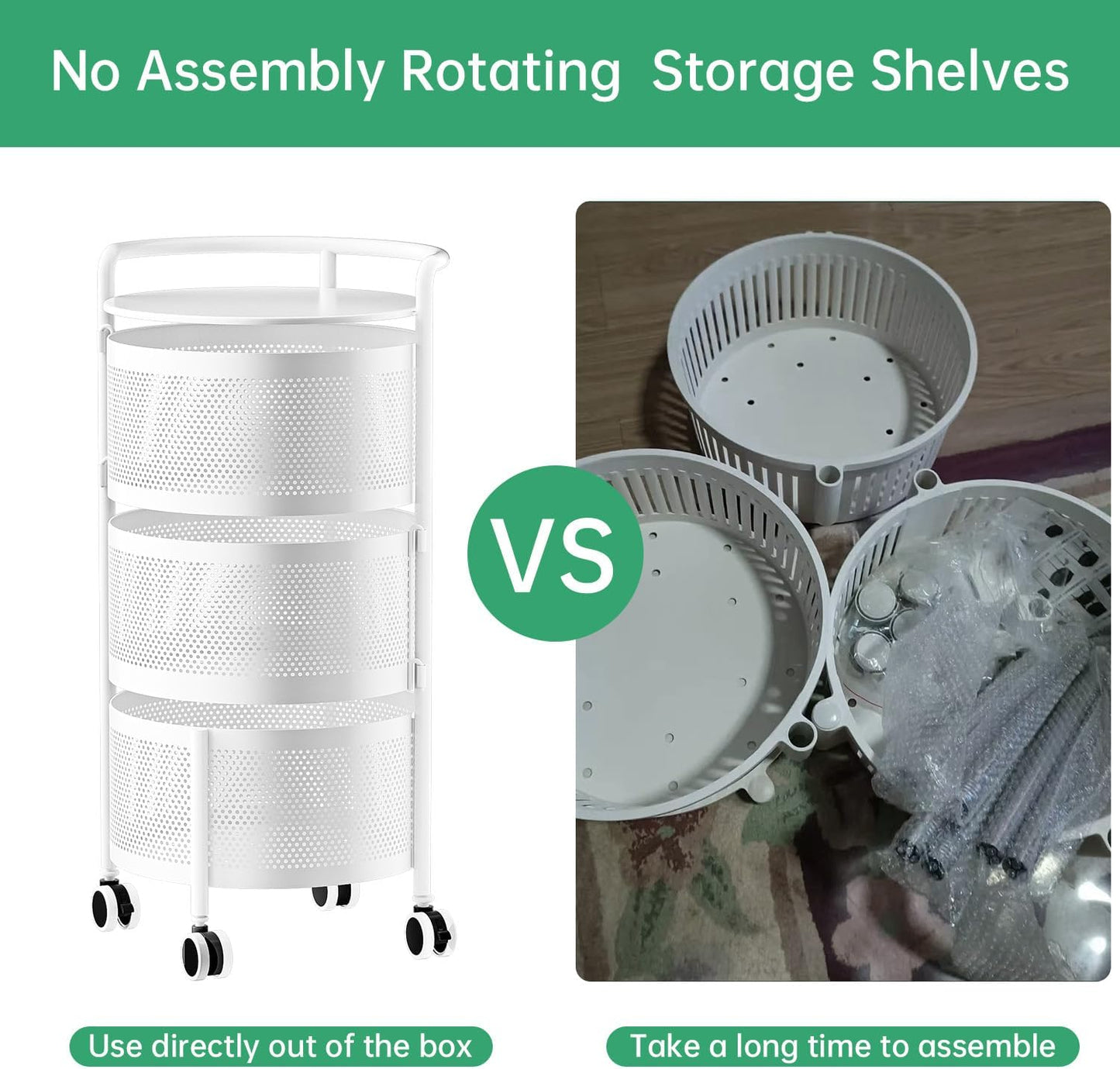 JAQ Vegetables Storage Basket, Rotating Storage Shelves Basket Carts Rack Organizer Bin on Rolling Wheels in Kitchen Household for Fruits Grocery Corns Potatos-(3-Tier,White)