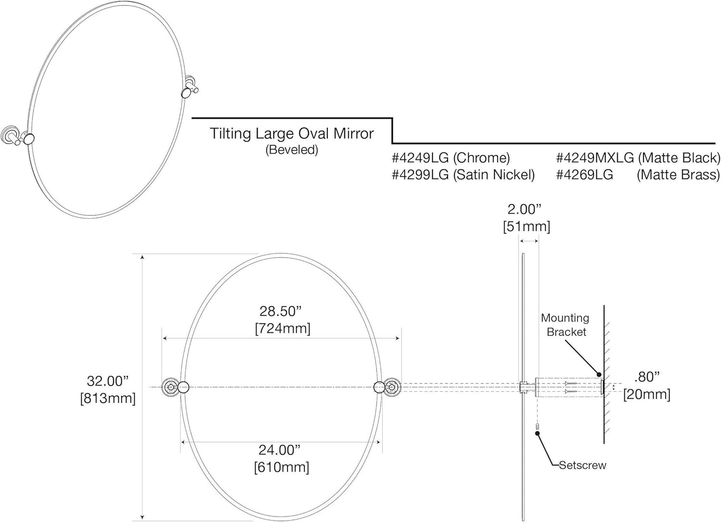 Gatco 4249MXLG Latitude II Large Oval Mirror Matte Black, 32 H x 28.5 W