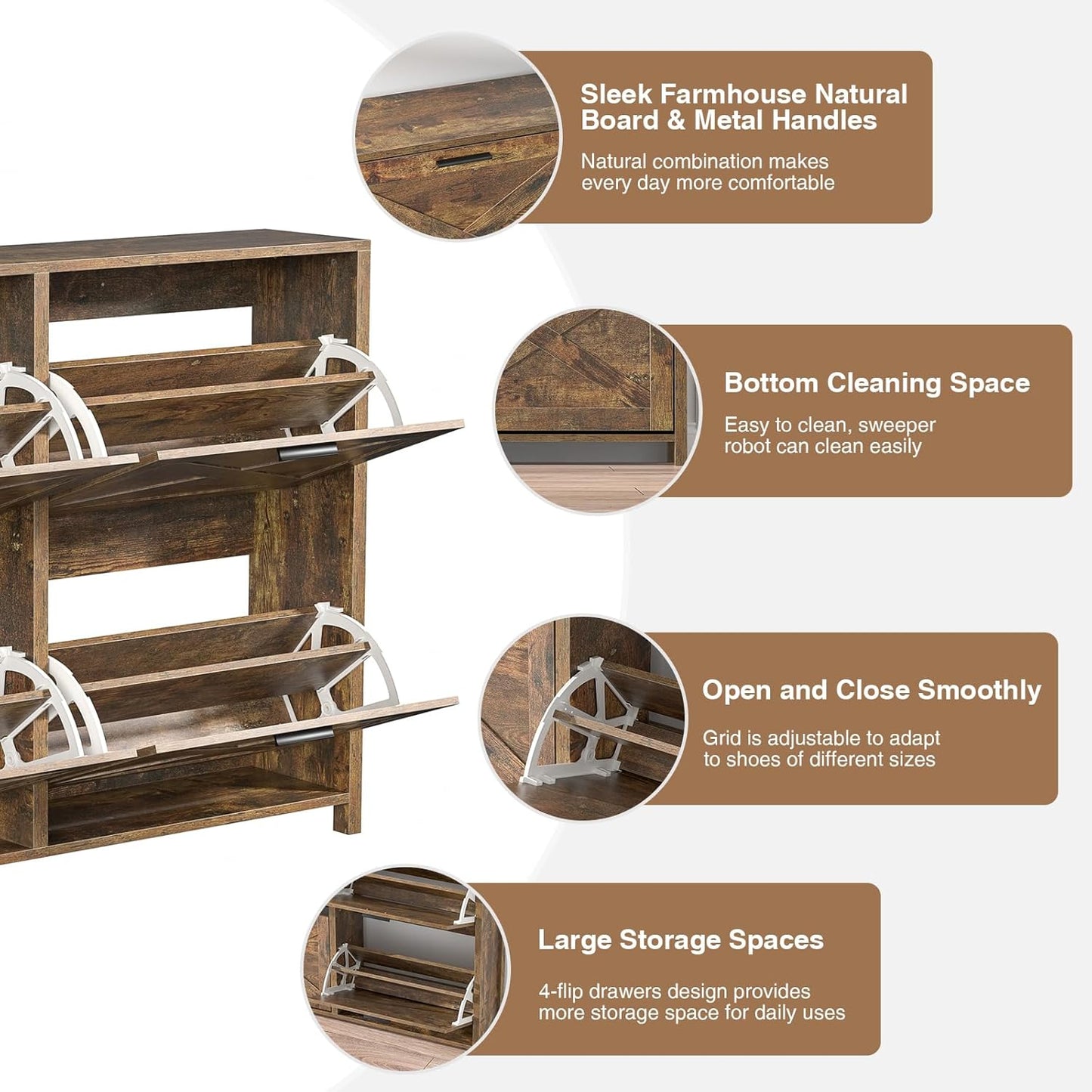 47" W Large Shoe Storage Cabinet with 4 Flip Drawers, Freestanding Hidden Shoe Cabinet Organizer with Adjustable Shelf, Narrow Shoe Cabinet for Entryway Hallway Living Room