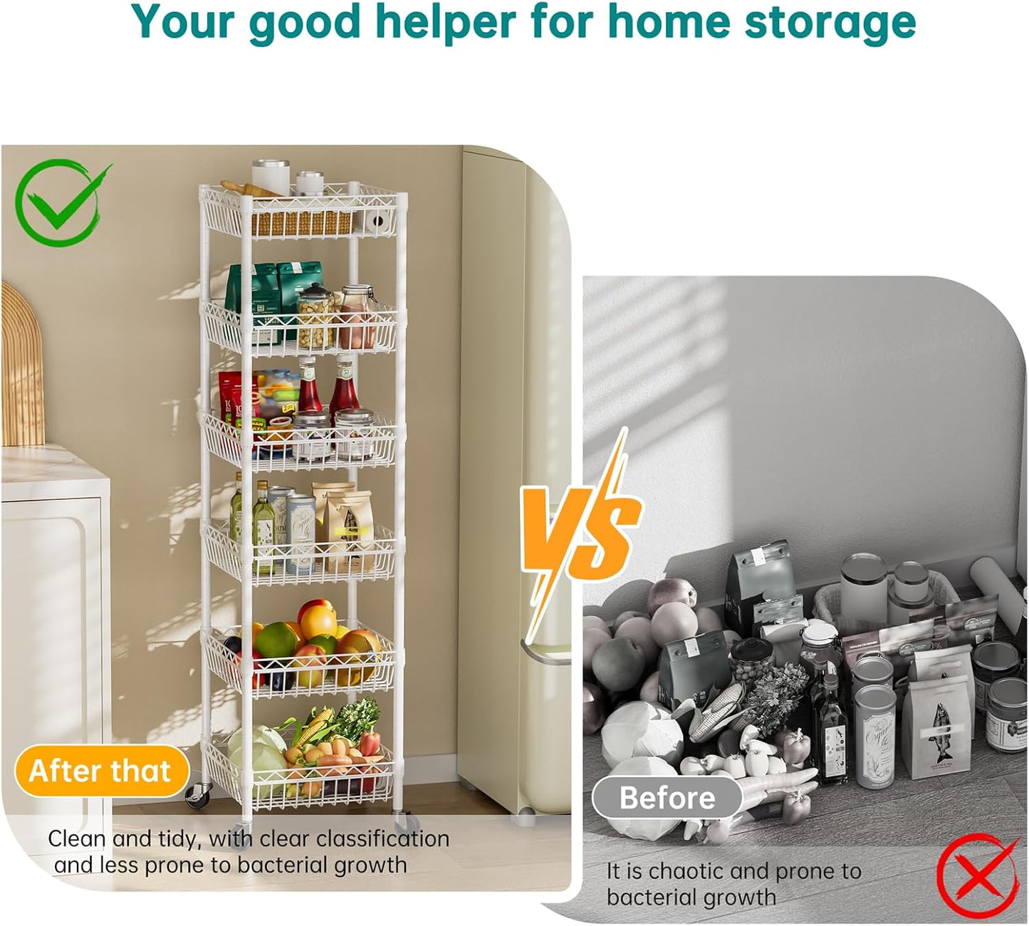 SINGAYE Shelf 6 Tier Wire Shelving Unit with Wheels Baskets Storage Rack Corner Shelves Adjustable Closet Bathroom Organizers Metal Pantry Kitchen Garage Laundry Room 13.5" D x 13.5" W x 63" H White