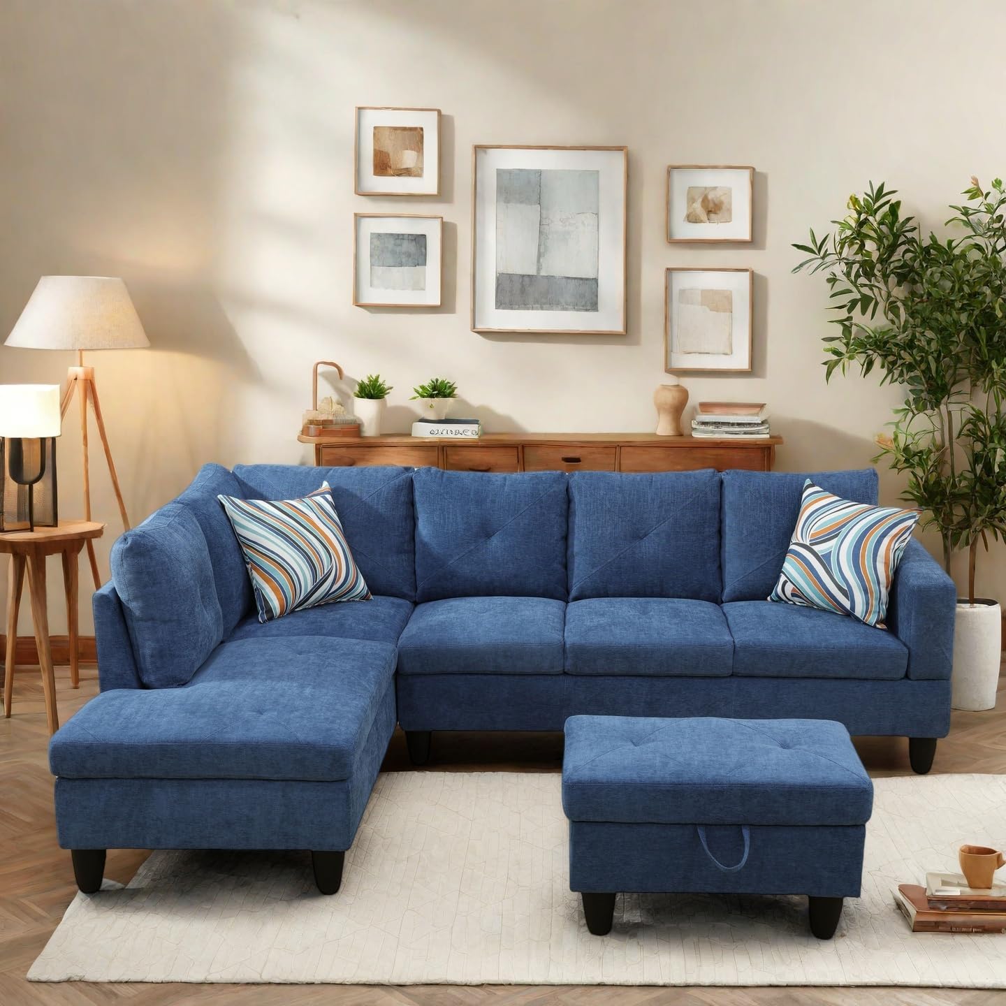 97" L Shaped Sectional Couch, Modern 4 Seat Modular Sectional Sofa with Storage Ottoman, Living Room Sets for Small Spaces, Apartment, Linen, Blue