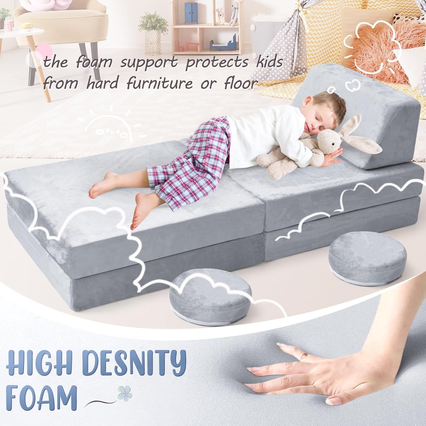 10Pcs Kids Play Couch,Toddler Sofa,Modular Kids Couch for Playing, Creativing, Sleeping (Grey)