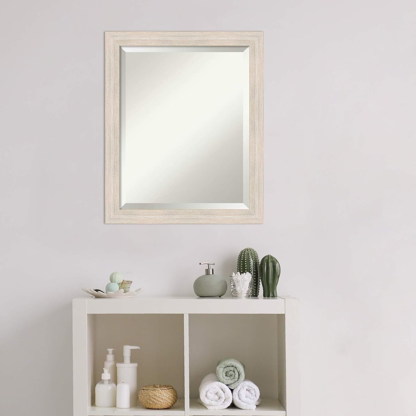 Amanti Art White Bathroom Mirror for Over Sink, 23x19 Hardwood White Wash Narrow Rectangle Vanity Mirror, Small Rustic Farmhouse Wood Frame, Hangs Horizonally and Vertically, Bathroom Wall Decor