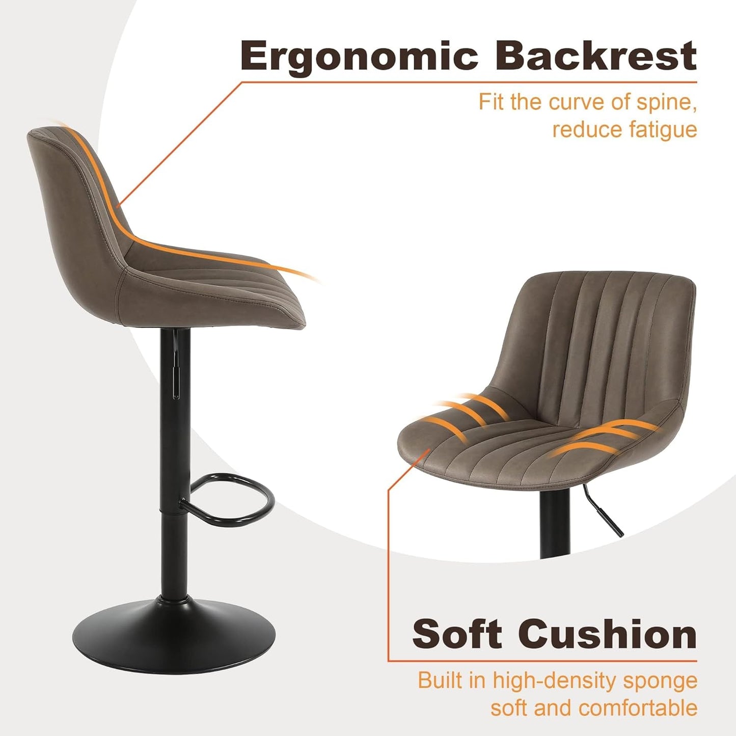 Bar Stool Set of 1, Adjustable PU Leather Bar Chairs, Swivel Counter Height Barstools with Back, Modern Armless Kitchen Island Stool, Brown