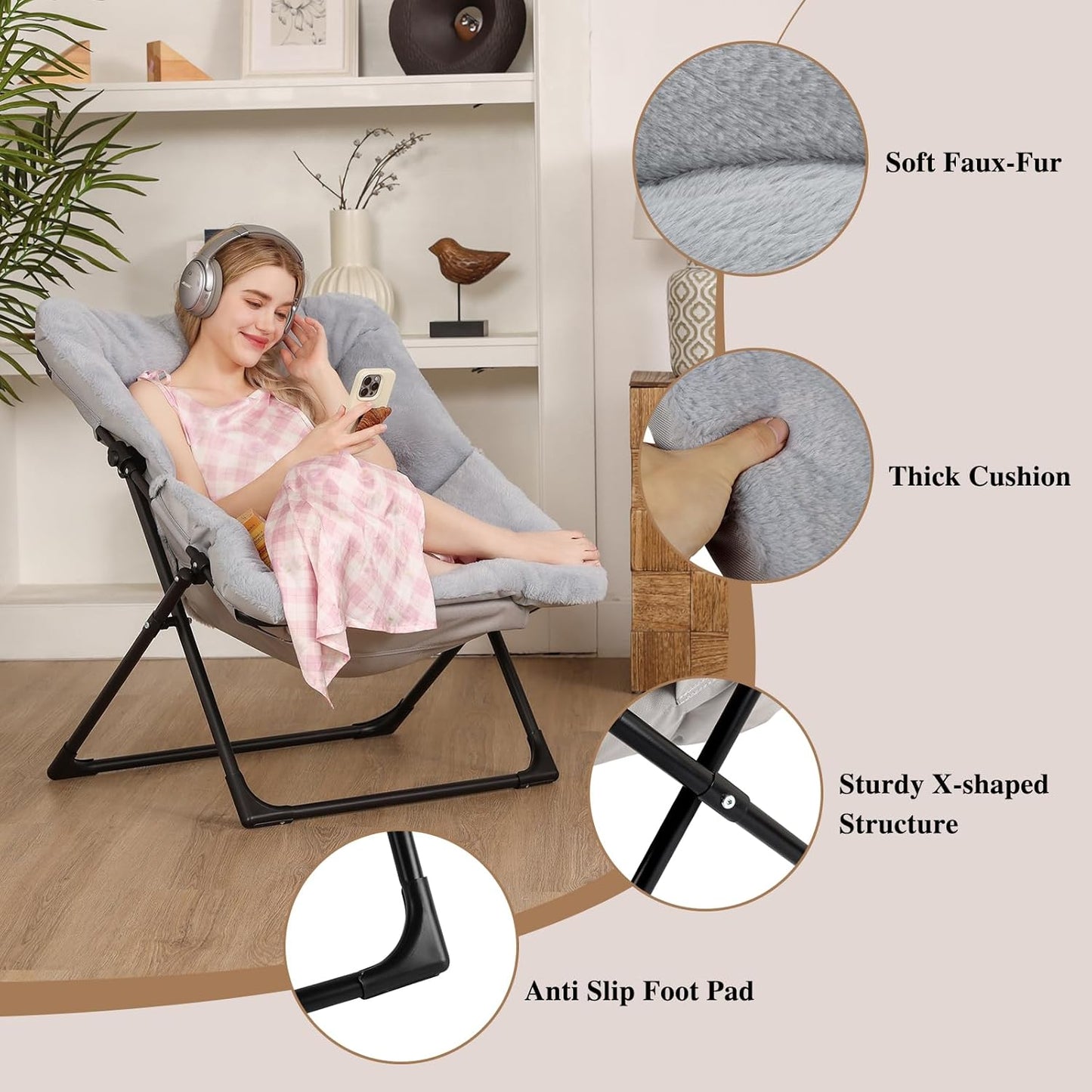 Comfy Saucer Chair for Adults, Soft Faux Fur Bedroom Chair with Ottoman, Accent Dorm Chairs, Living Room Reading Chairs and Footstool, Folding Lounge Seat for Teens, X-Large, Grey