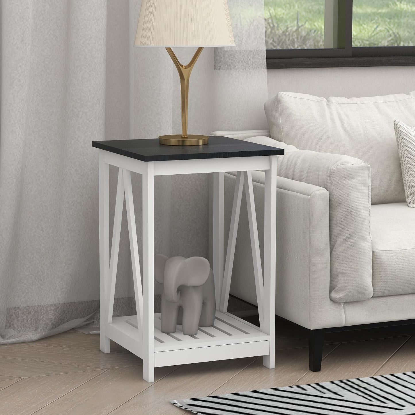 Farmhouse Square End Table, Accent Side Table with Slats Design, Sofa Side Table with Sturdy Frame for Living Room, Oak Black