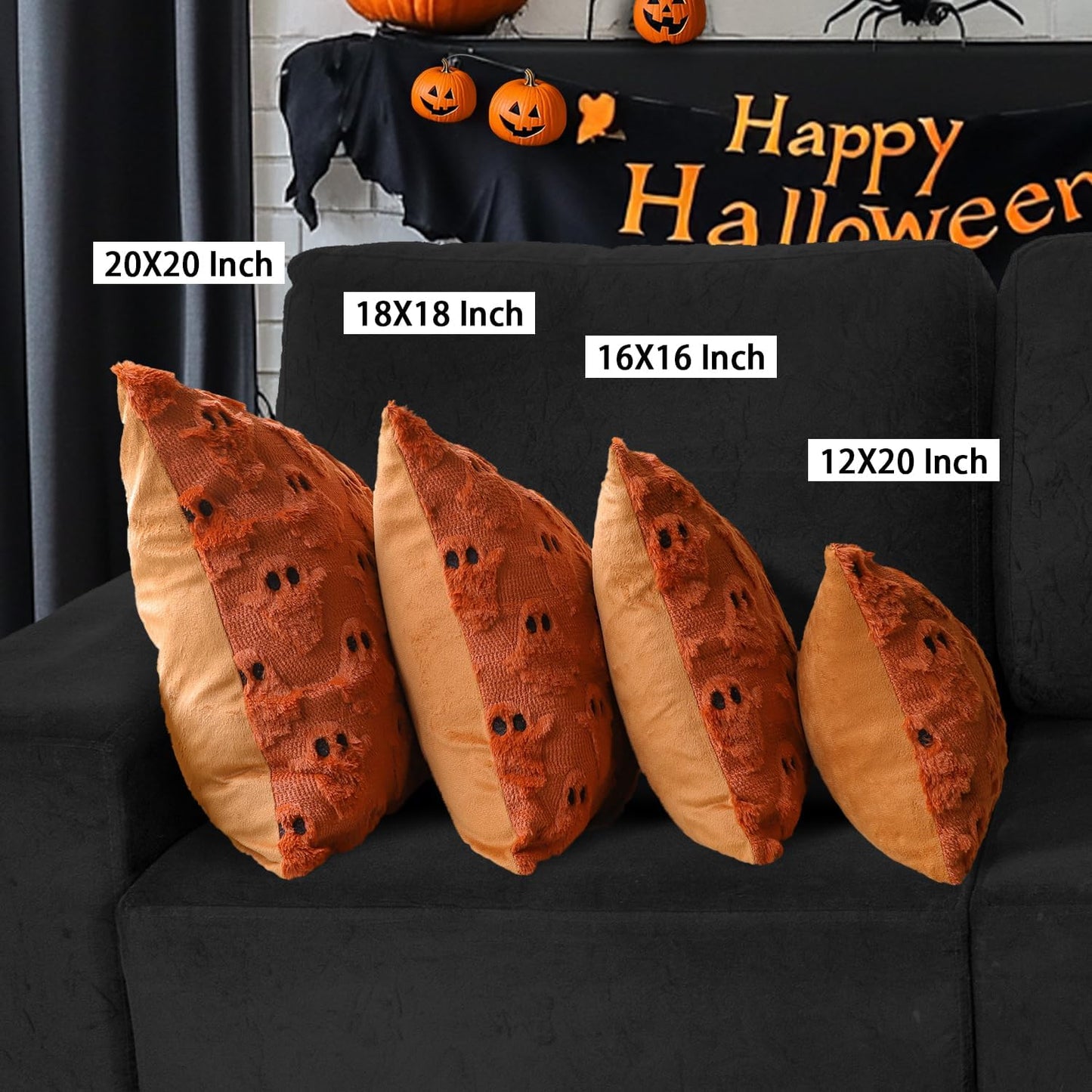 4TH Emotion Halloween Ghost Decorative Pillow Covers 20x20 Set of 2, Rust Red Soft Plush Faux Fur Farmhouse Throw Cushion Cases for Fall Autumn Holiday Home Decorations