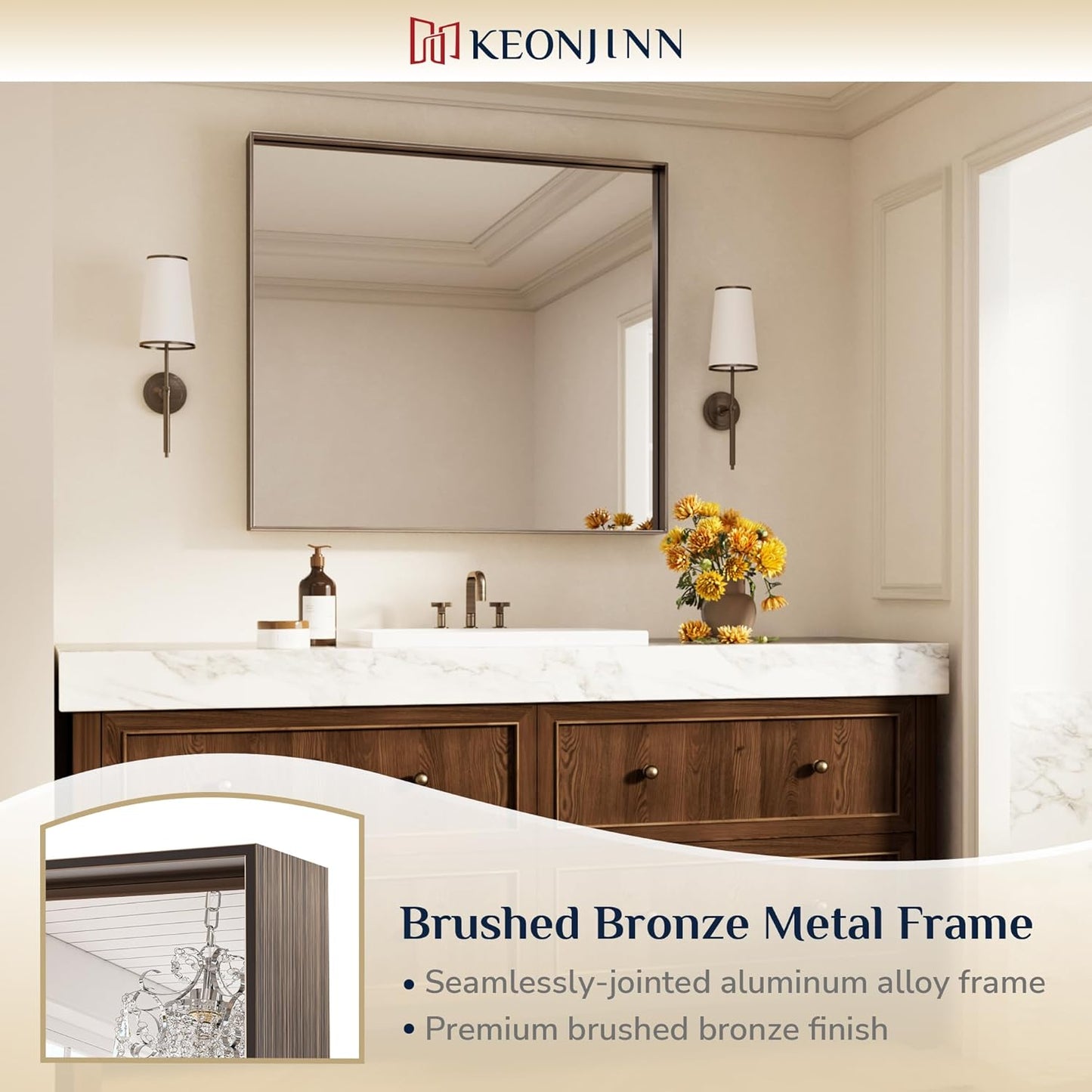 Keonjinn 42 x 36 Inch Brushed Bronze Bathroom Mirror, Rectangle Framed Vanity Mirror for Wall, Large, Modern Farmhouse, Square Corner Bronze Mirrors(Horizontal/Vertical)