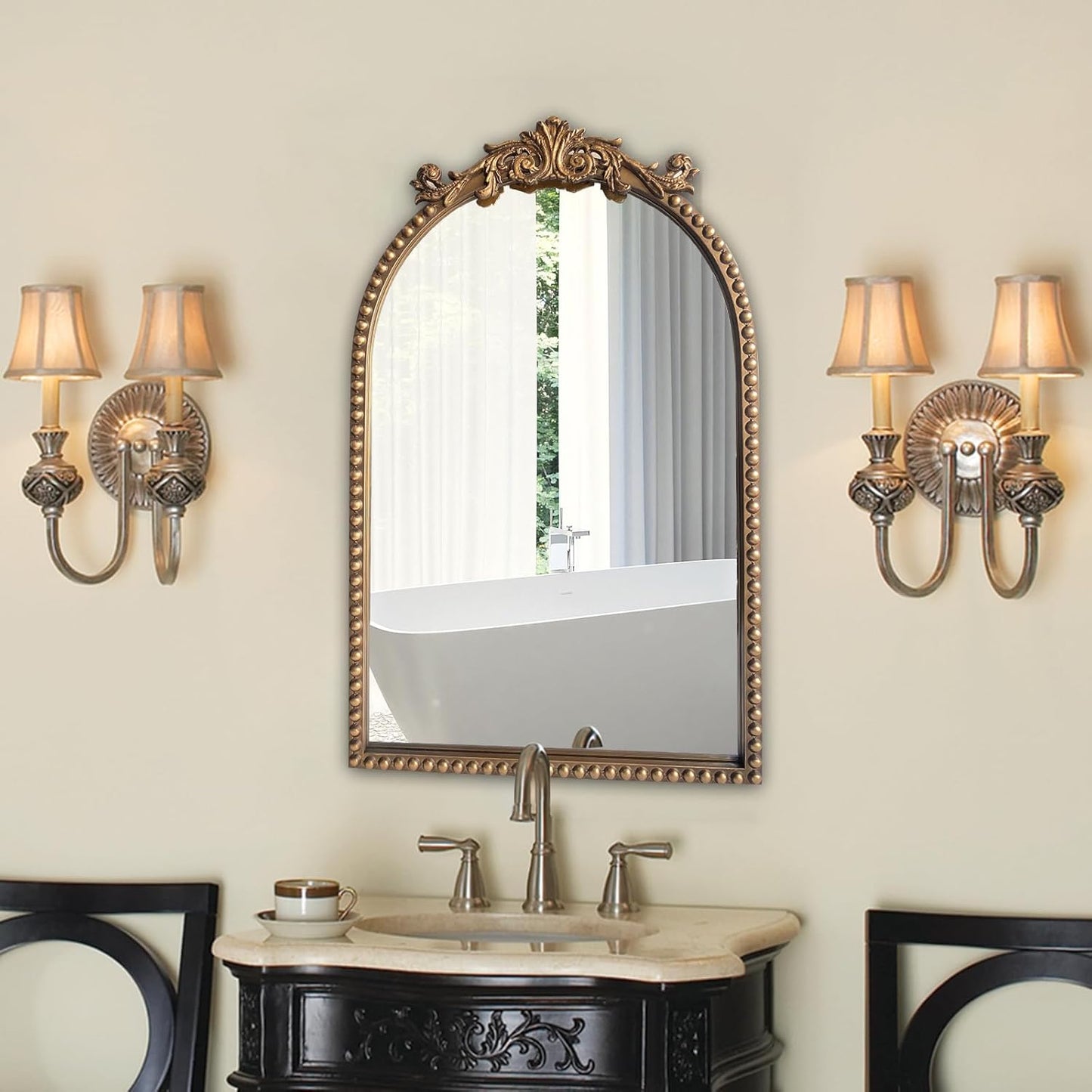 ironsmithn Gold Arched Mirror, 20"x32" Ornate Beaded Frame Mirror, Metal Decorative Accent Mirrors for Fireplace Bedroom Bathroom Living Room Entryway