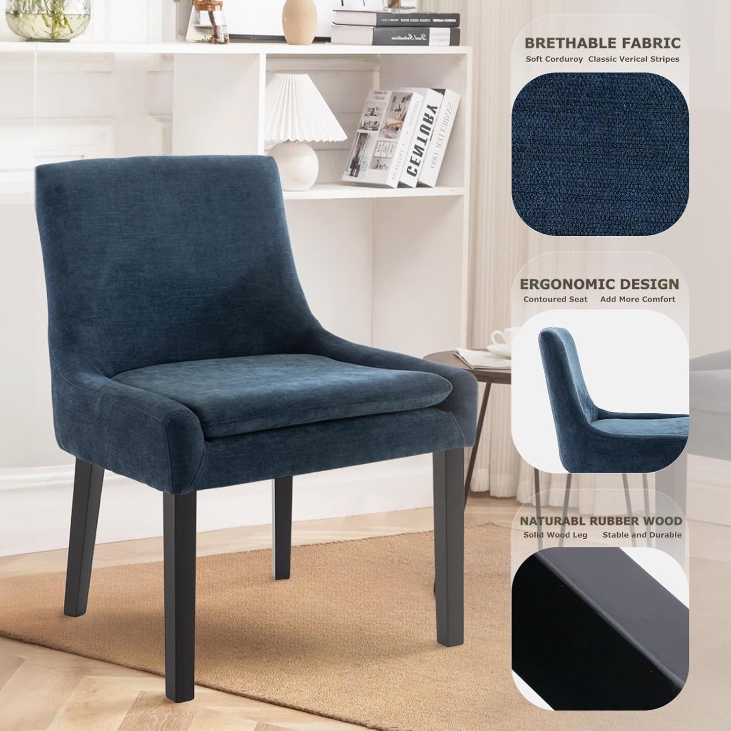 COLAMY Modern Dining Chairs Set of 4, Upholstered Corduroy Accent Side Leisure Chairs with Mid Back and Wood Legs for Living Room/Dining Room-Blue