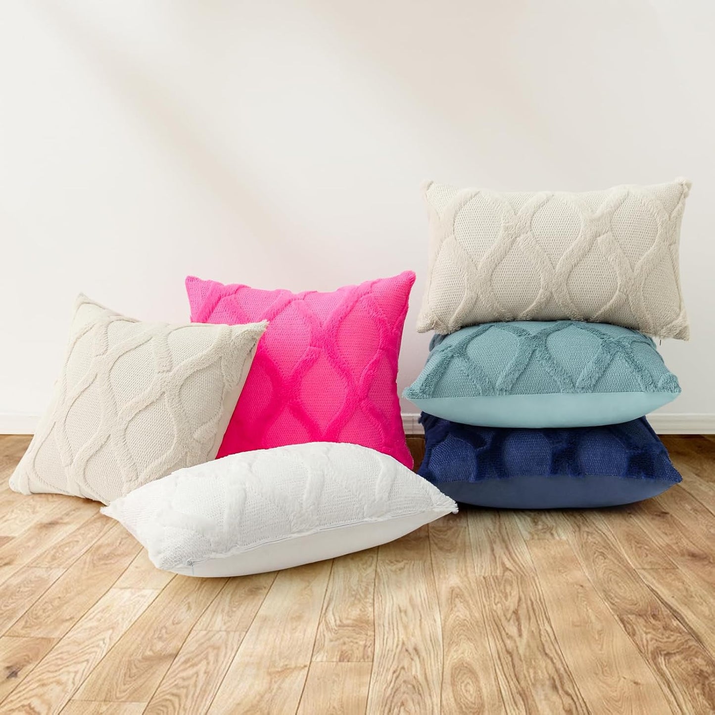 decorUhome Throw Pillow Covers 16x16 Inch Set of 2, Soft Plush Faux Fur Wool Hot Pink Couch Pillow Covers, Decorative Neutral Pillow Cases for Bed Sofa Living Room Home Decor