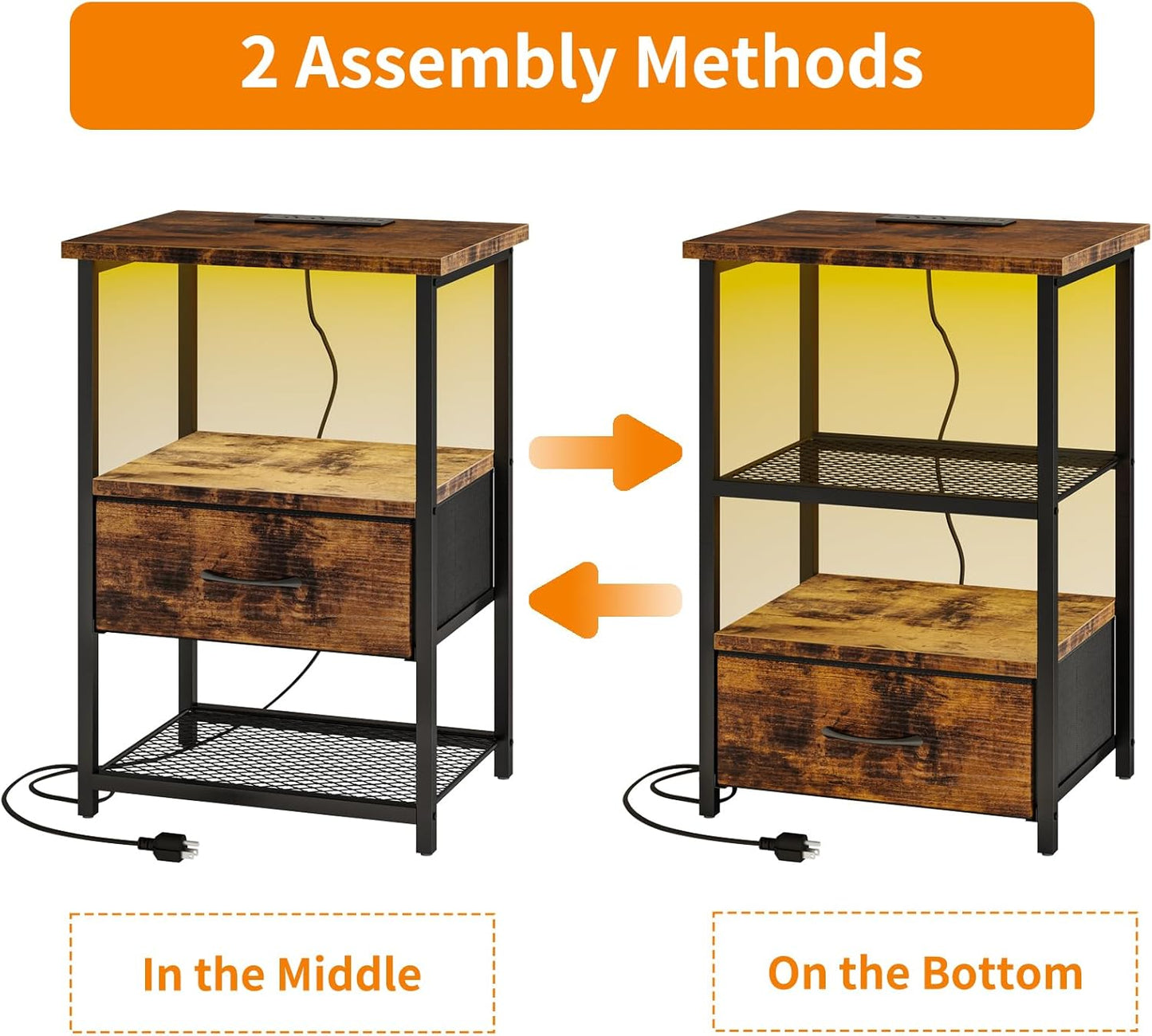 Fixwal Night Stand with Charging Station, LED Nightstand with Fabric Drawers, End Table with PU Finish, Bedside Table, Rustic Brown